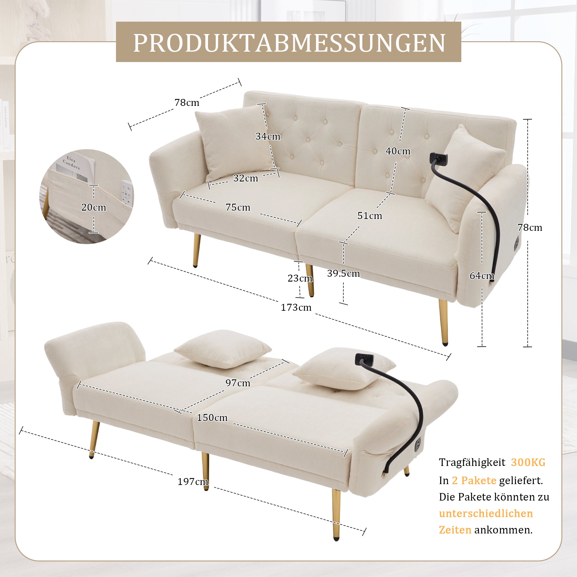 Sofa Bed, Multifunctional Adjustable Backrest USB Ports Phone Holder Metal Legs, Metal