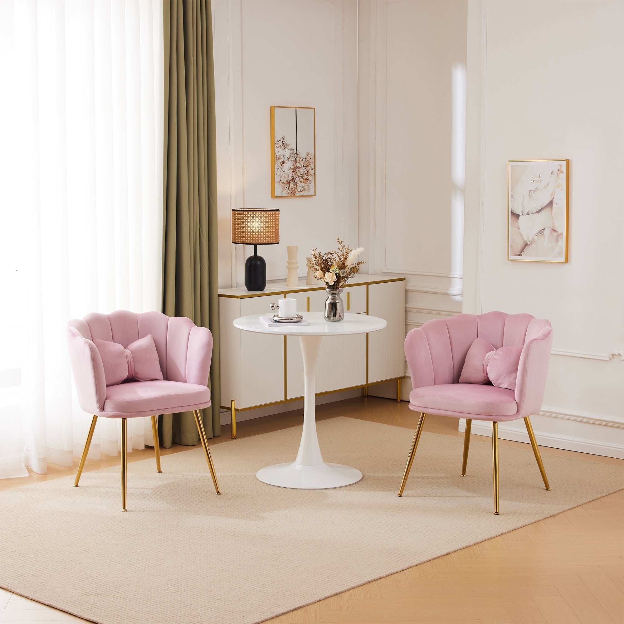 Chairs, Set of 2 Upholstered Petal Back with Gold Legs, Velvet