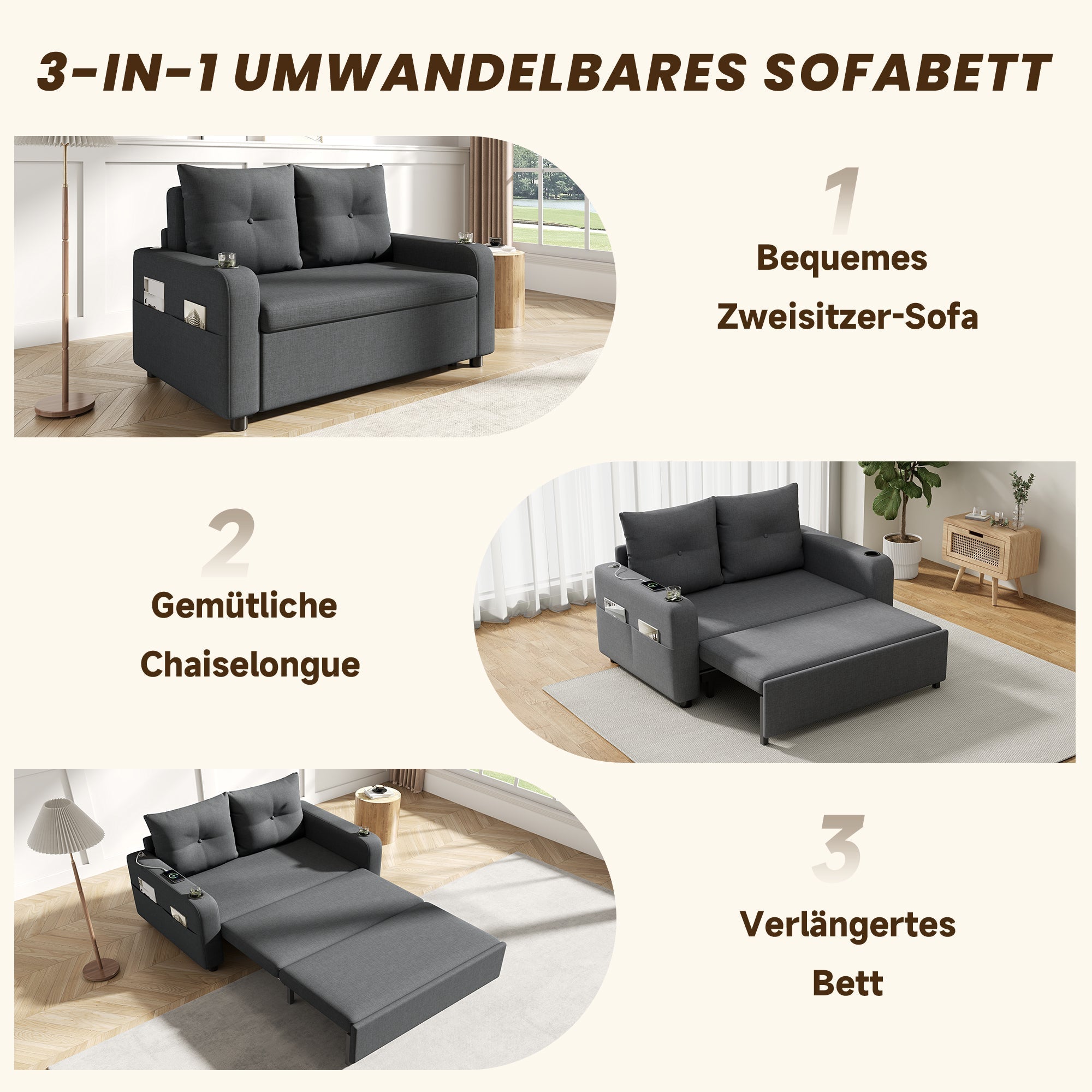 3-in-1 Sleeper Sofa with Pull-Out Bed, Cup Holder, USB Port and Side Pockets, Grey
