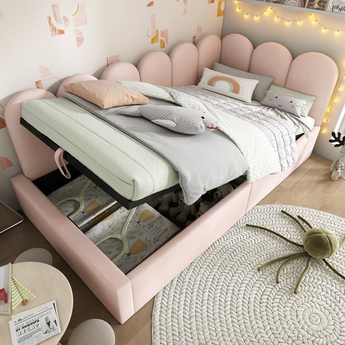 Upholstered Daybed Bed with Hydraulic Storage, 3FT Single 90x190cm Metal Frame, Velvet Pink
