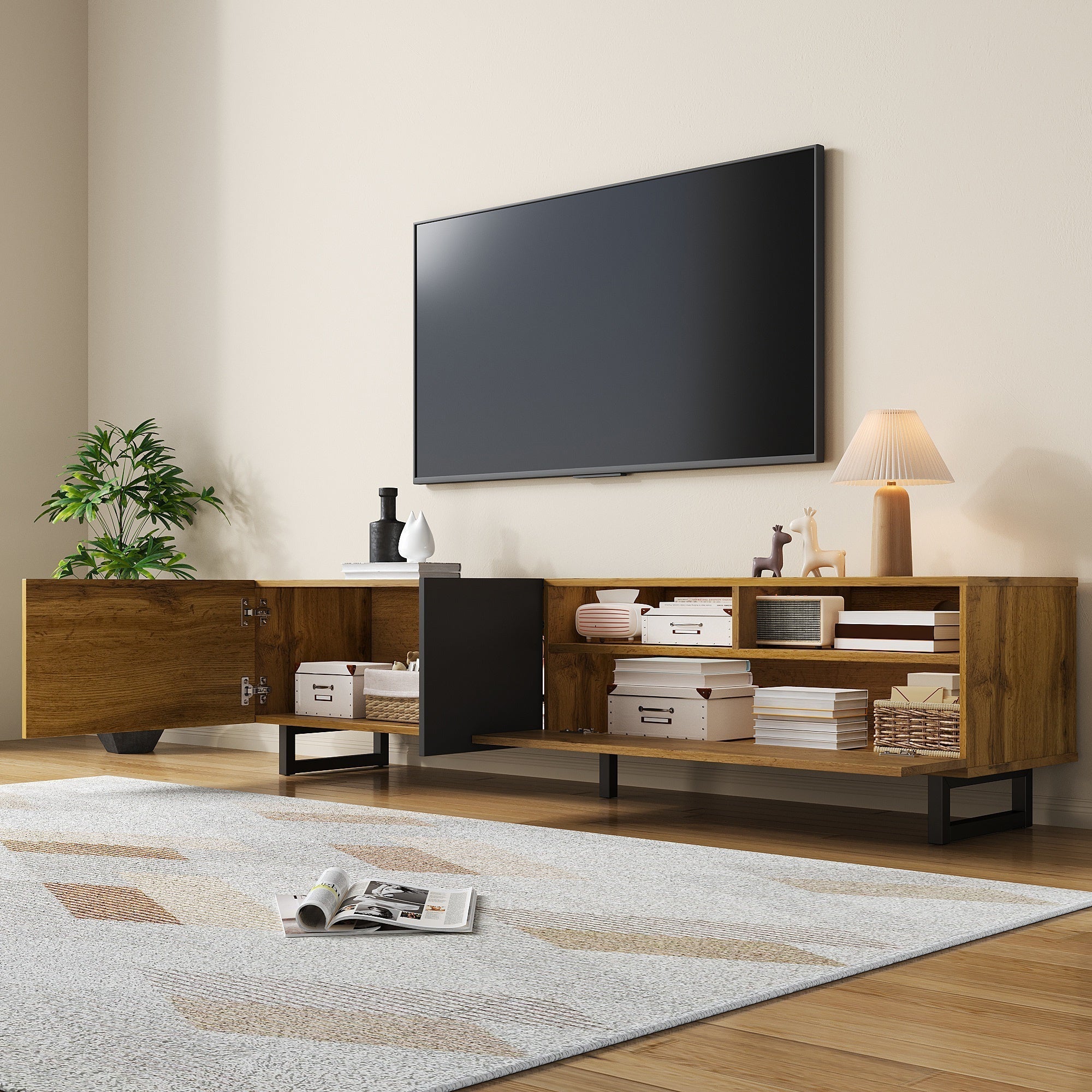 Colorblock TV Cabinet, 3 Doors 2 Compartments U-shaped Metal Legs, Retro Wood Grain