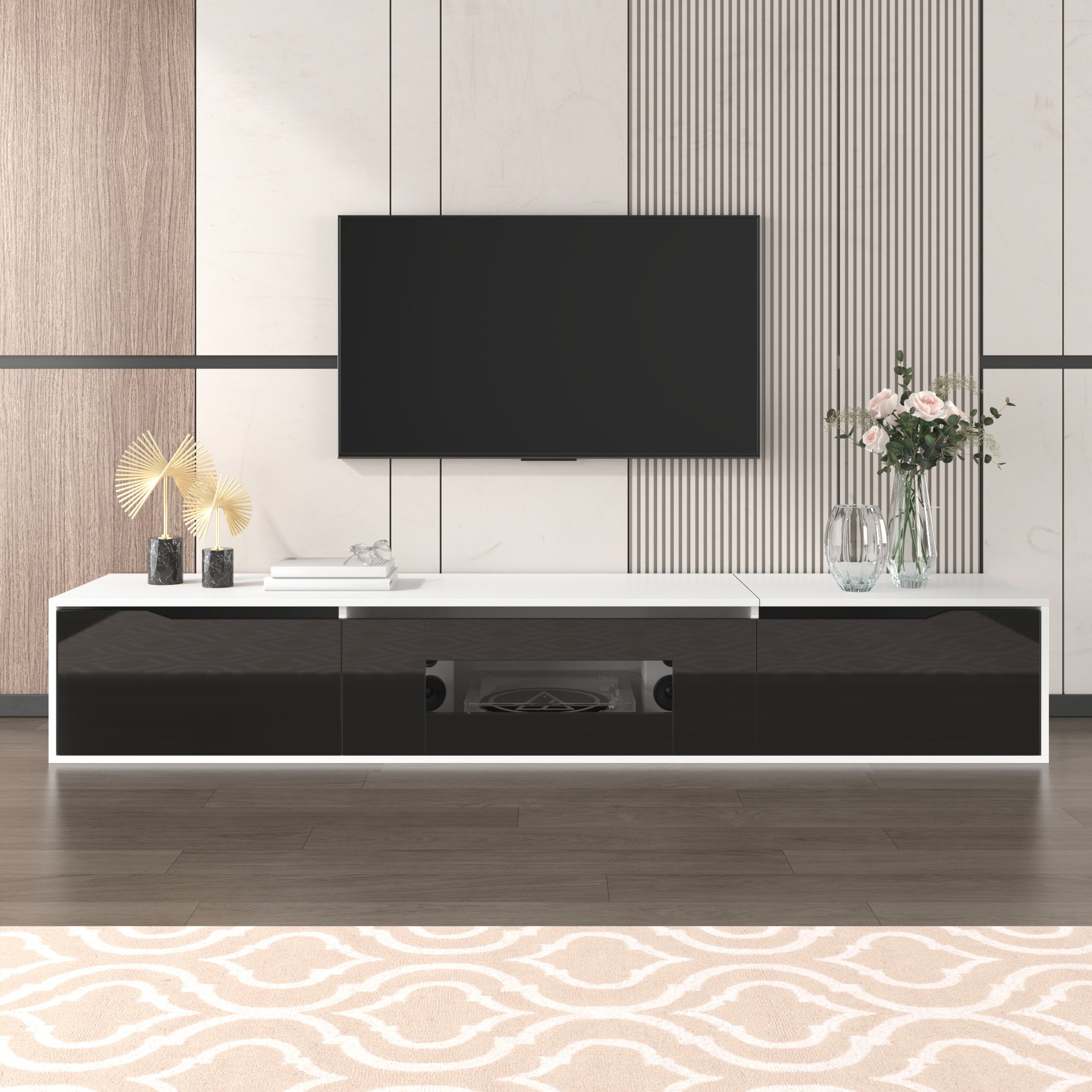 TV Cabinet, high-gloss with LED lighting, black and white
