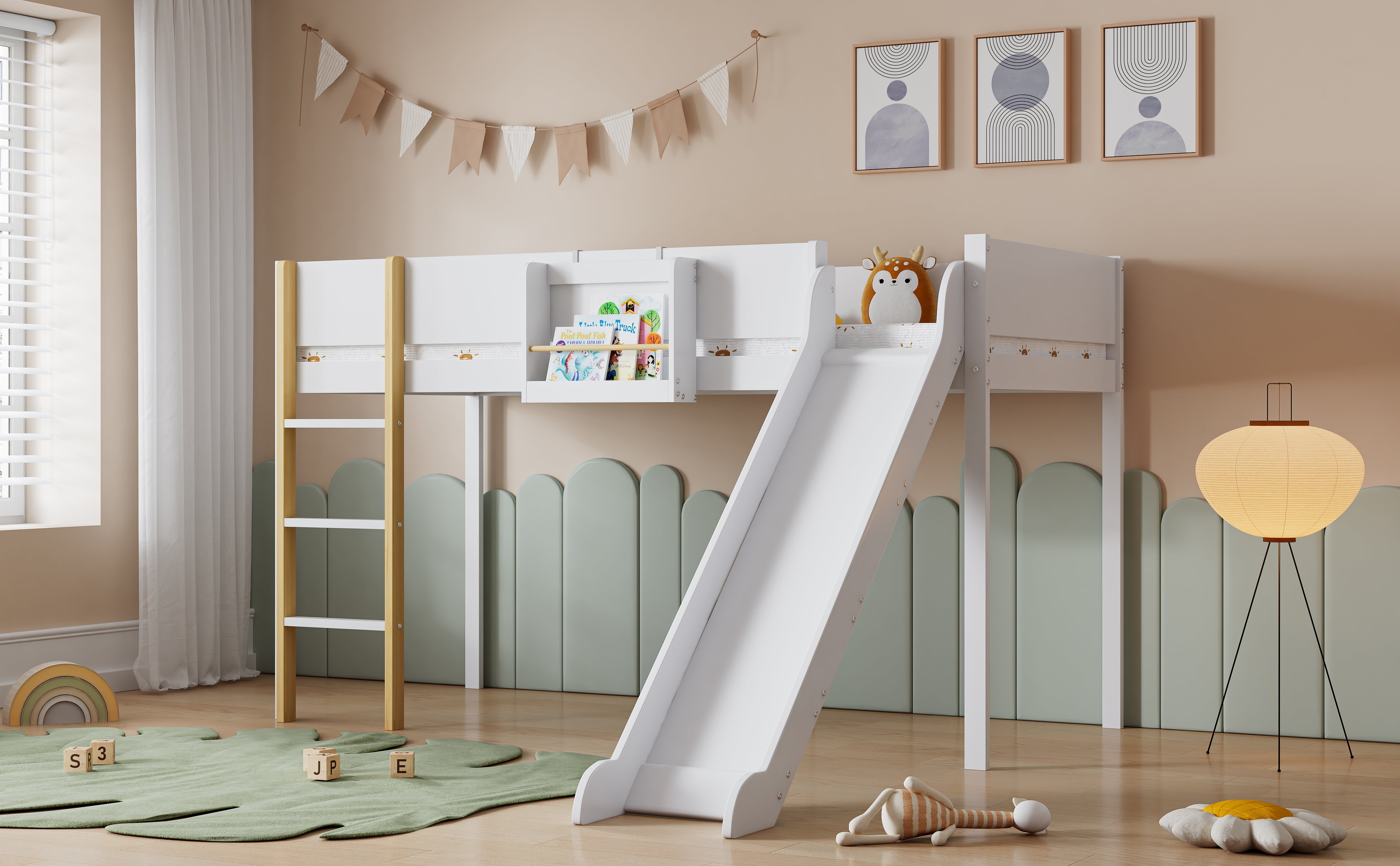 Loft Bed, Bunk with Slide & Removable Shelf, Pine+MDF White+Natural