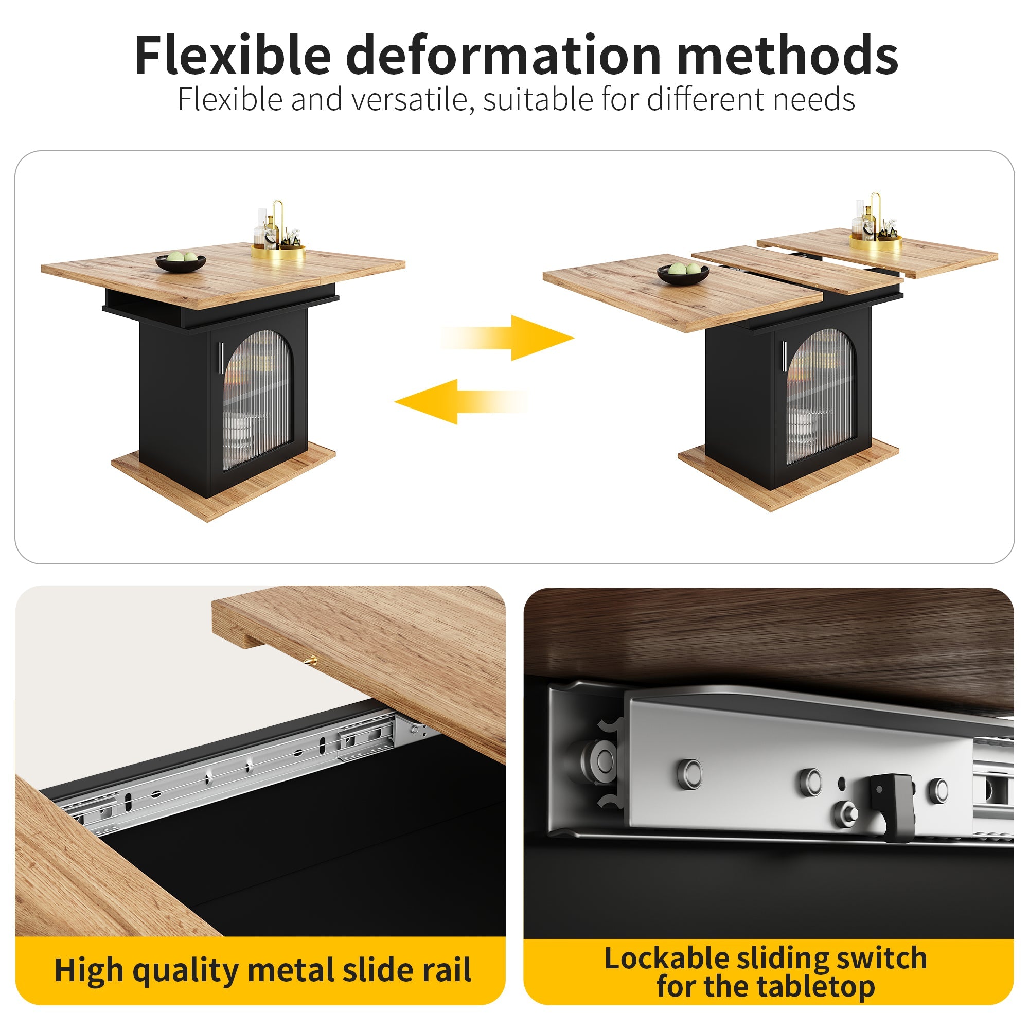 Telescopic Dining Table Extendable Space-Saving Storage Shelf natural + black