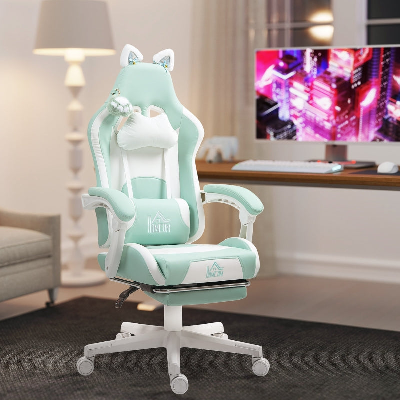 Cat Ear and Paw Office Chair Reclining with Footrest, Light Blue/White