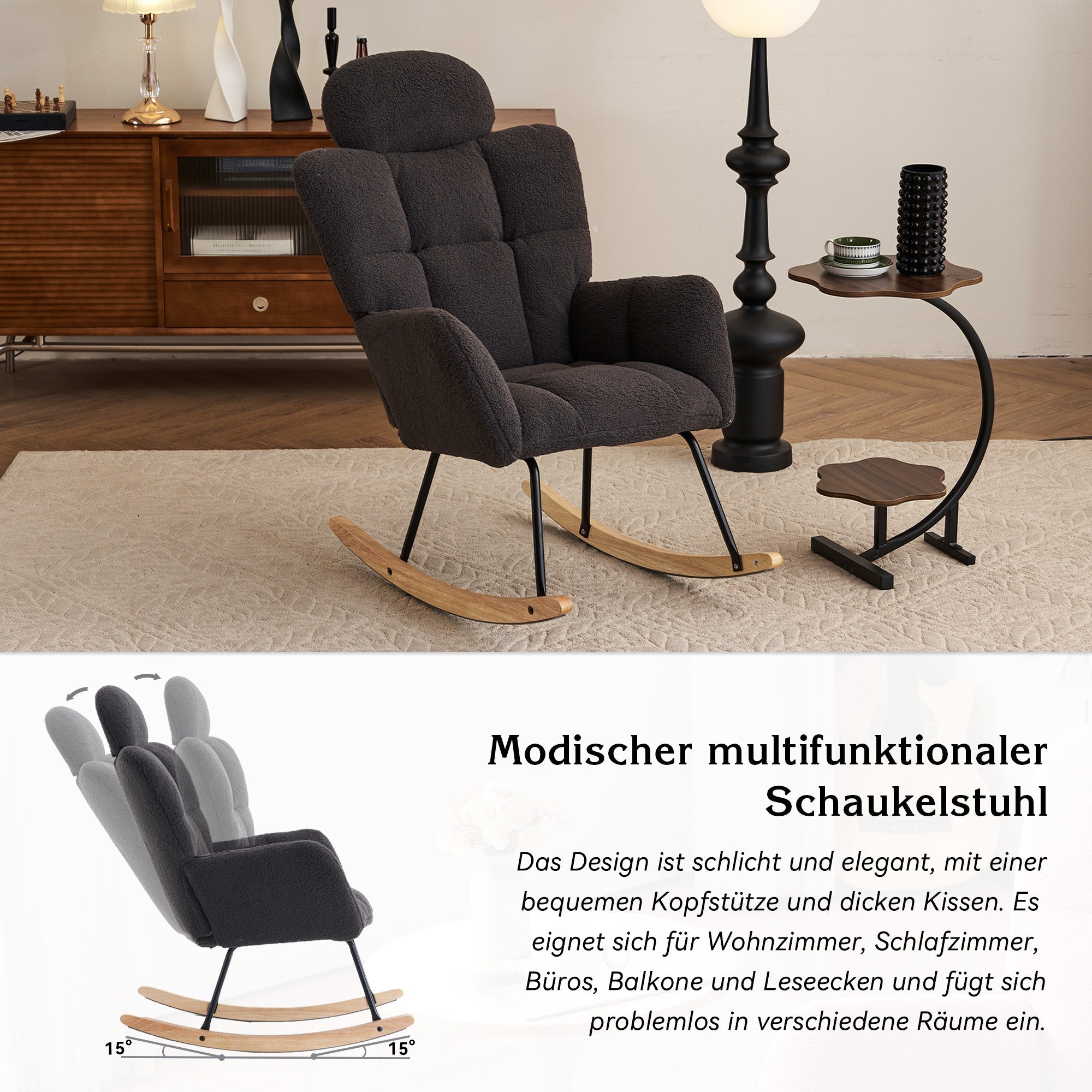 Rocking Chair, Tufted Upholstered Seat, Dark Grey Teddy Fabric
