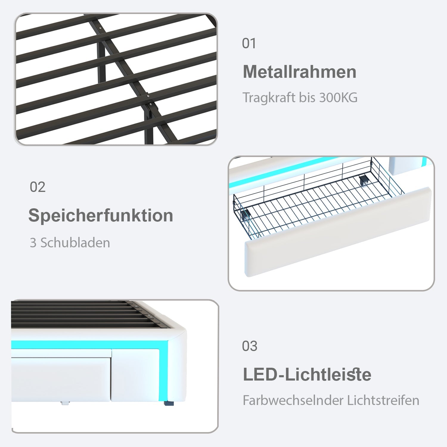 Bed Frame 140x200 with Drawers, LED Light Bar, Metal Slatted Platform, PU Leather Beige