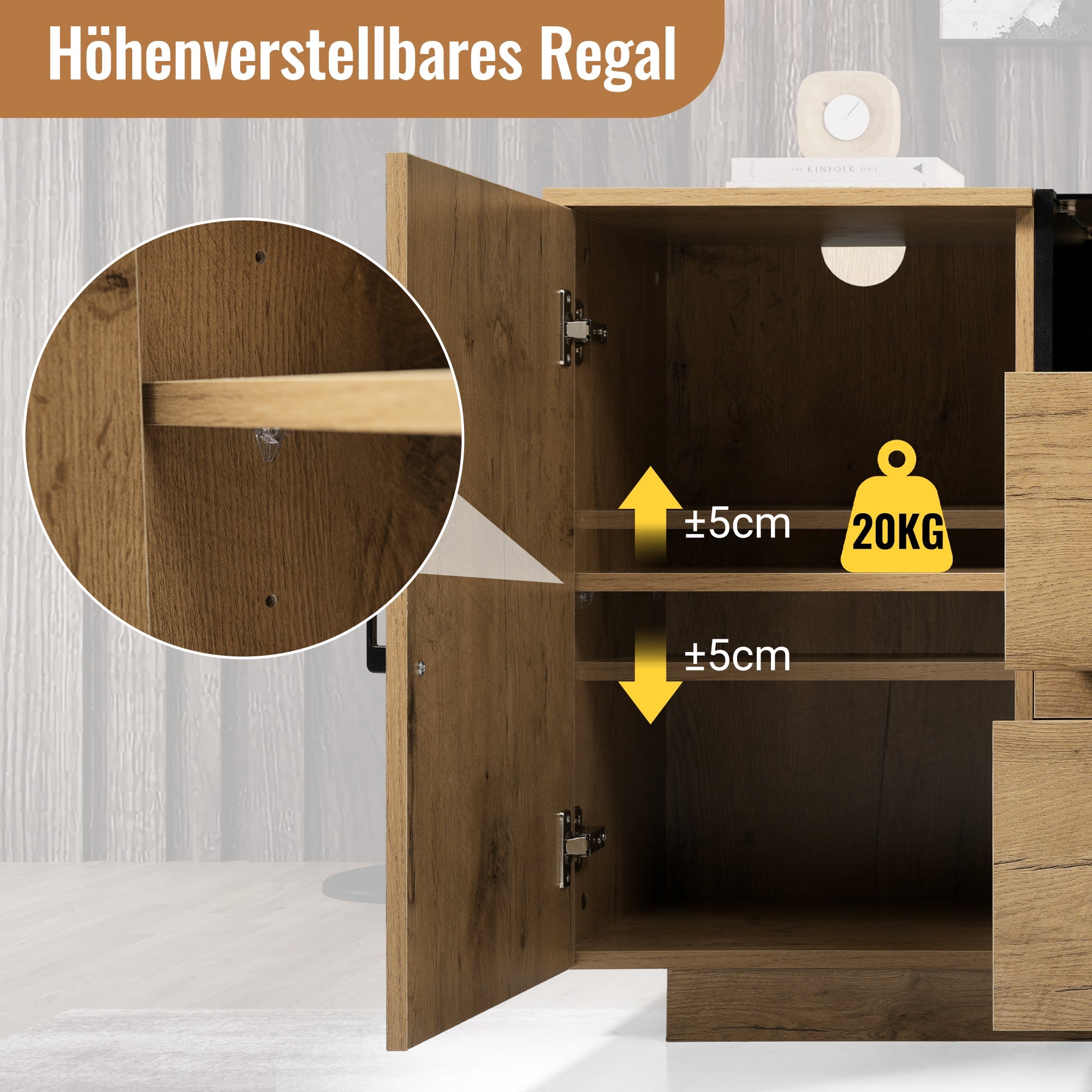 Chest of Drawers Sideboard, 2 Drawers, 2 Cabinets, Open Compartment, Oak-look with Black Handles