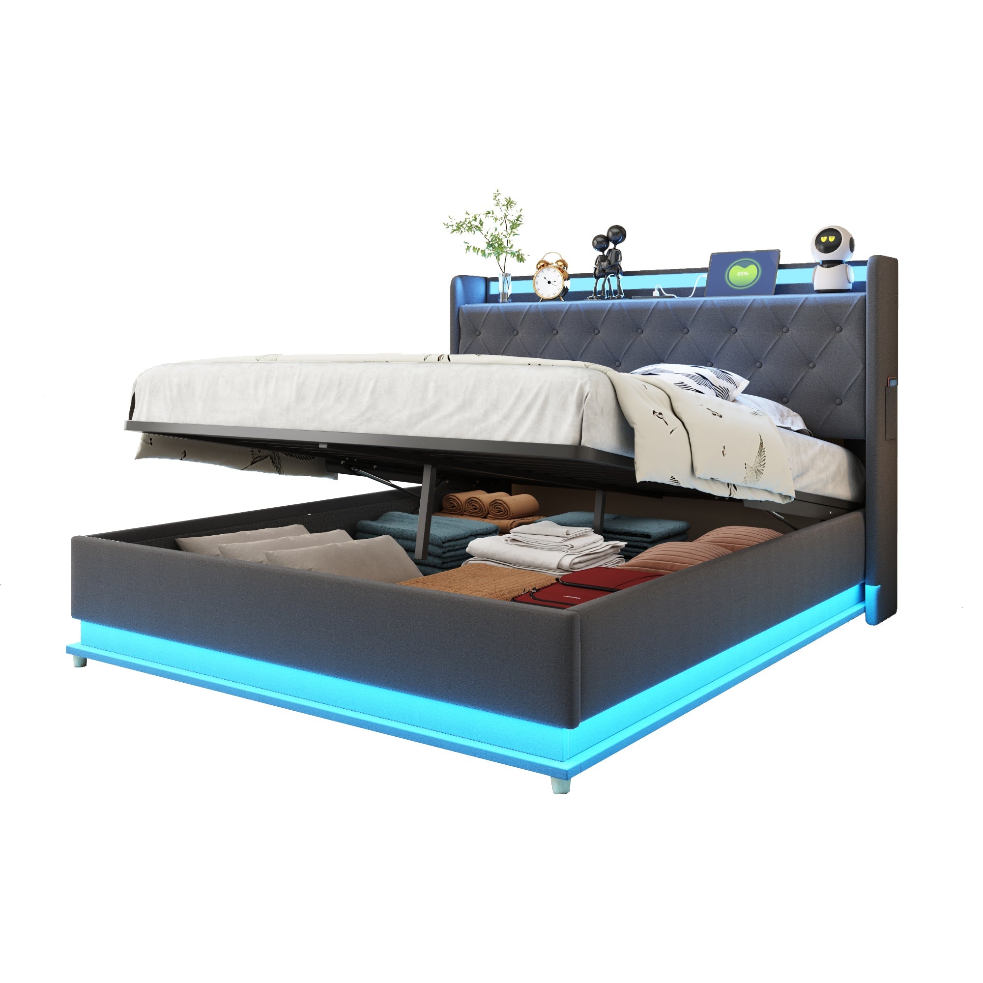 LED Upholstered Bed, USB Charging & Hydraulic Storage, Linen Fabric Gray
