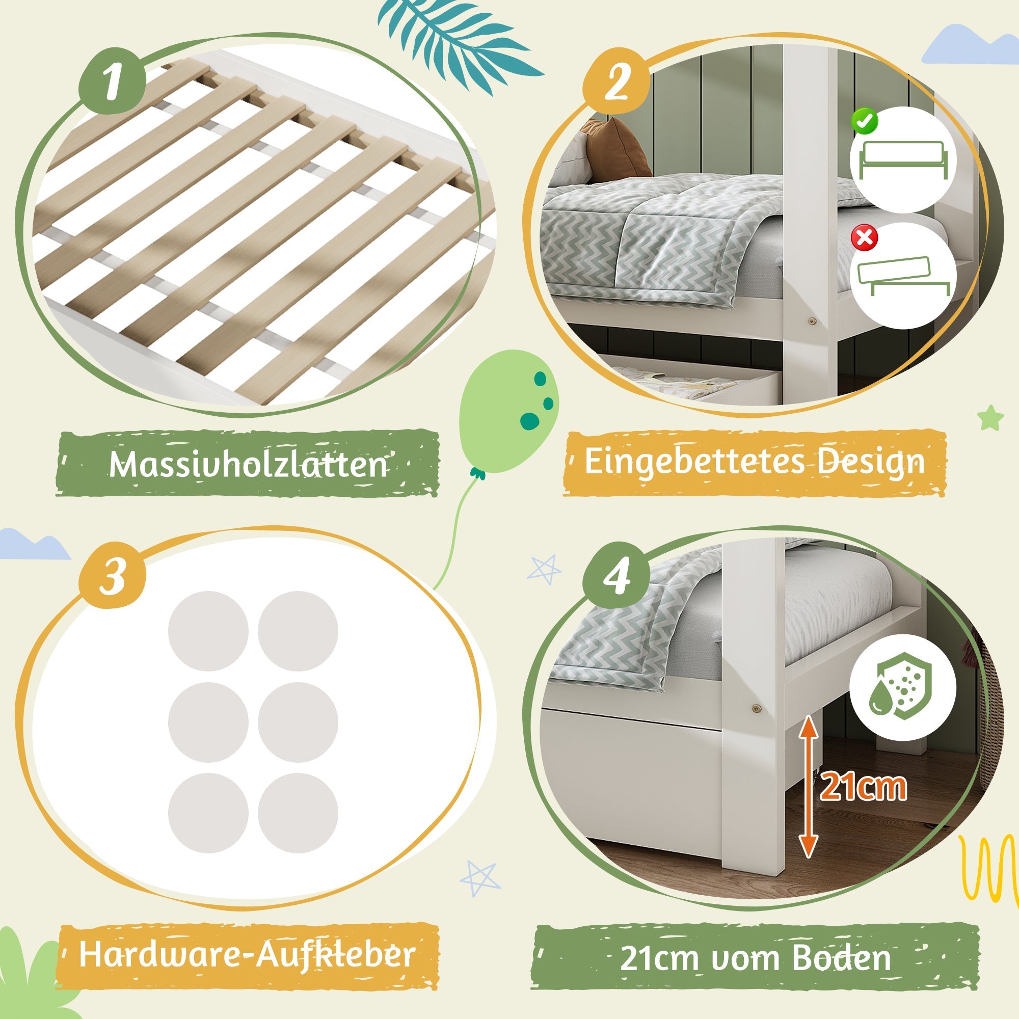 House Bed Children's Bed 90x200 cm, Solid Wood with Drawers & Removable Bedside Table, White