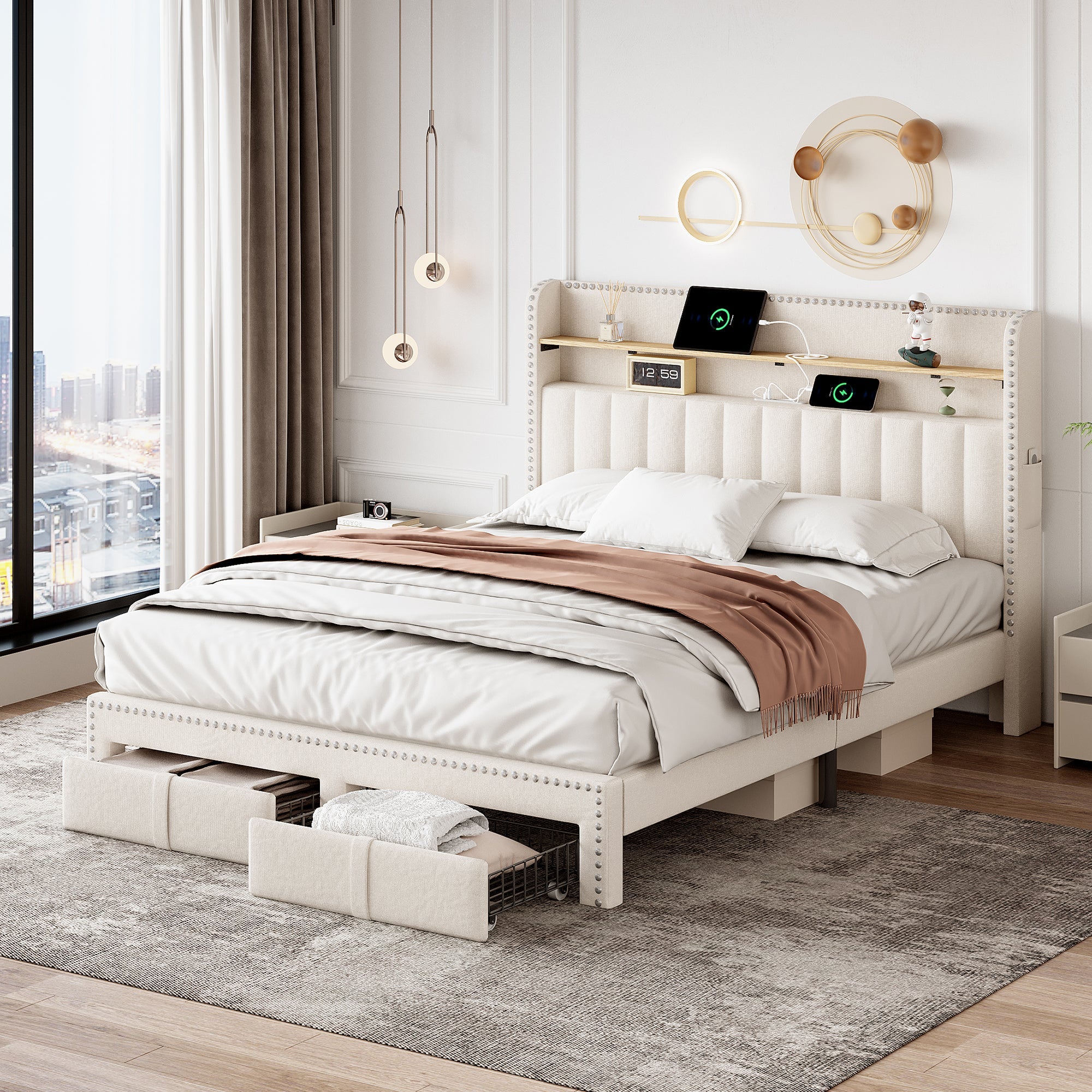 4ft6 Double Upholstered Storage Bed with Charging & Lighting, Linen, Beige