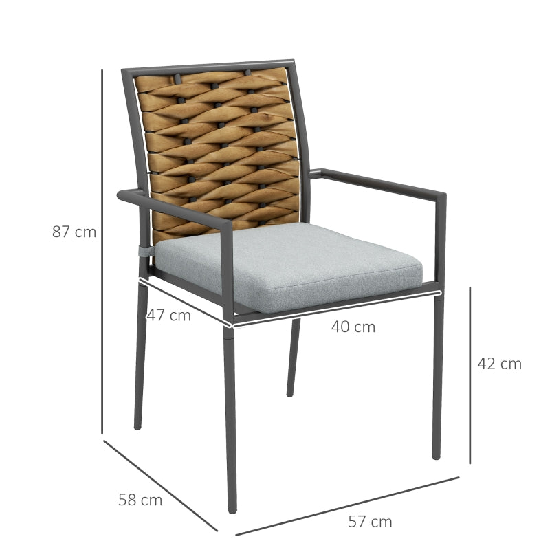 Rattan Garden Chairs, Set of 2, Stackable with Cushions, Grey Steel