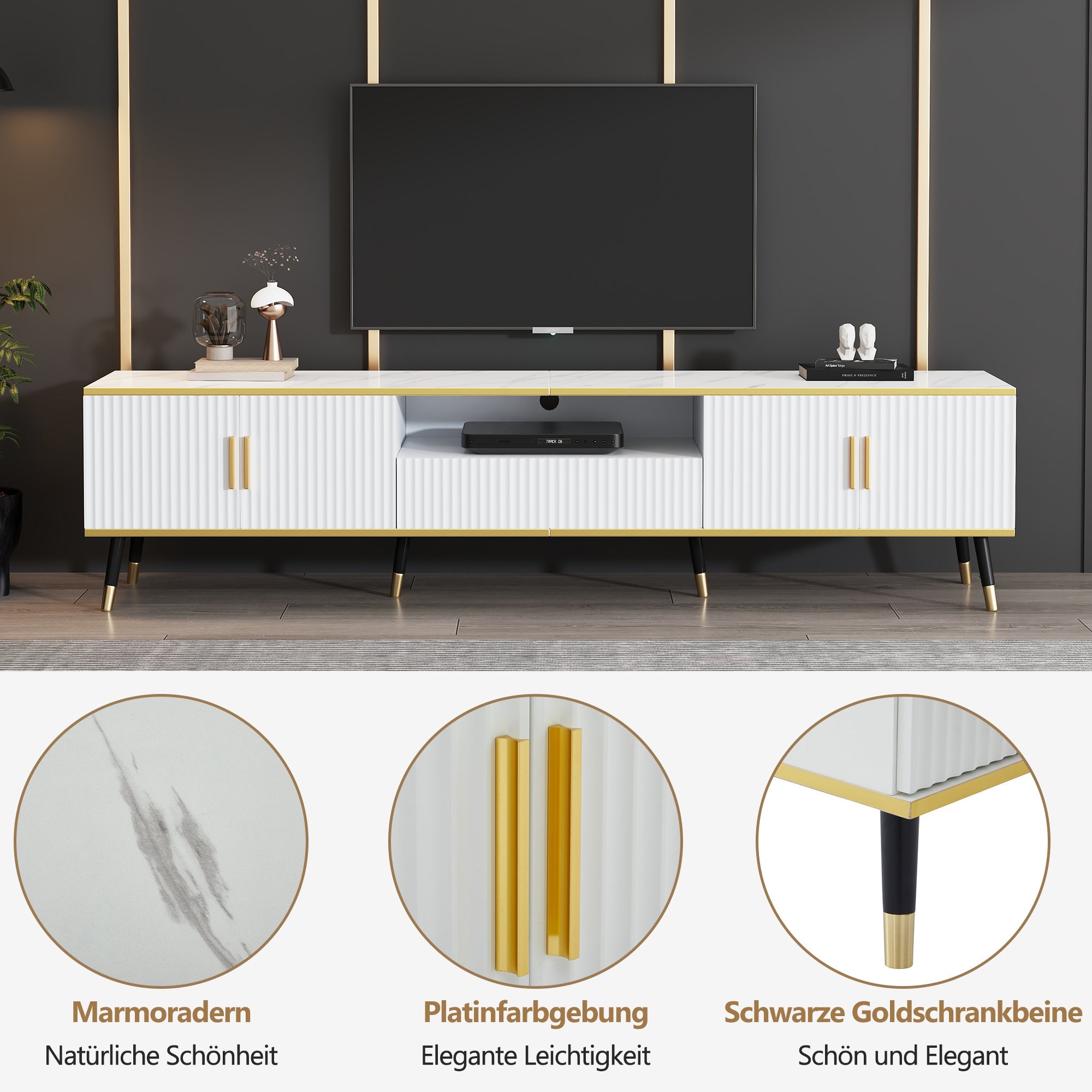 TV Cabinet, Modern Low with Marble Look, 200x40x46cm