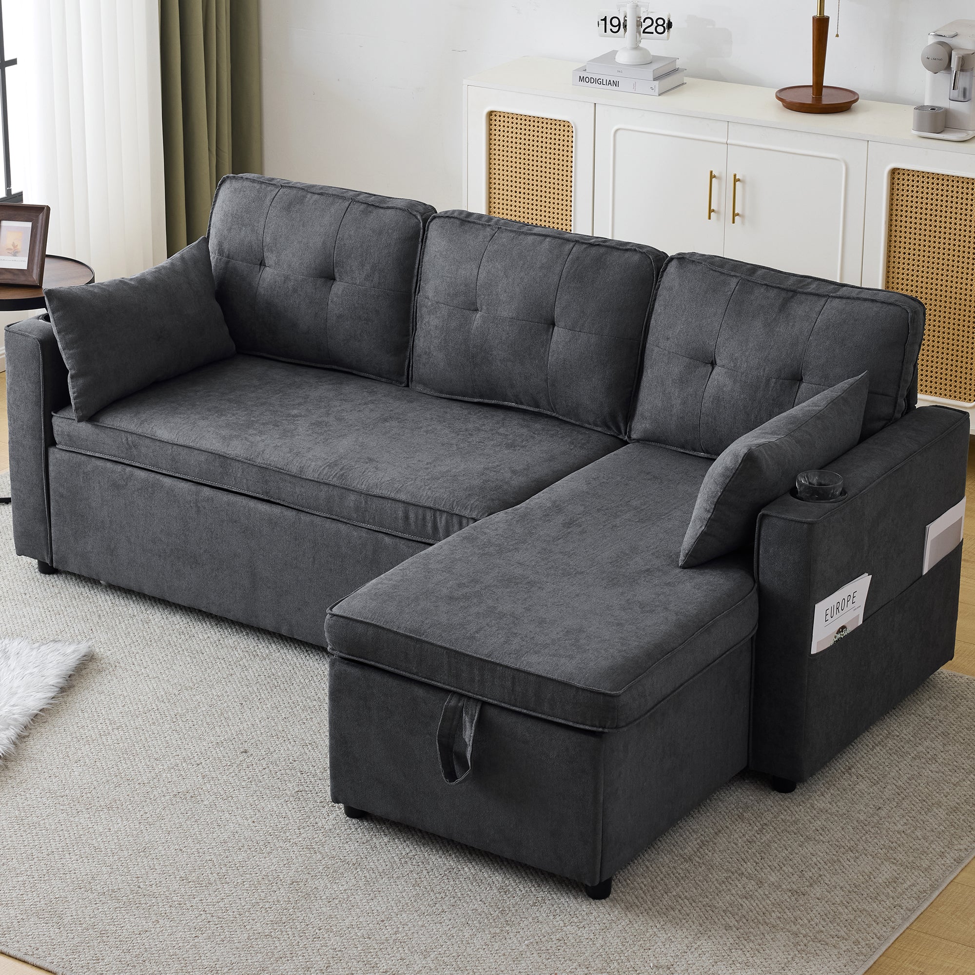 3-in-1 Convertible Sofa Bed with Storage Chaise, Cup Holders, Pillows - Grey