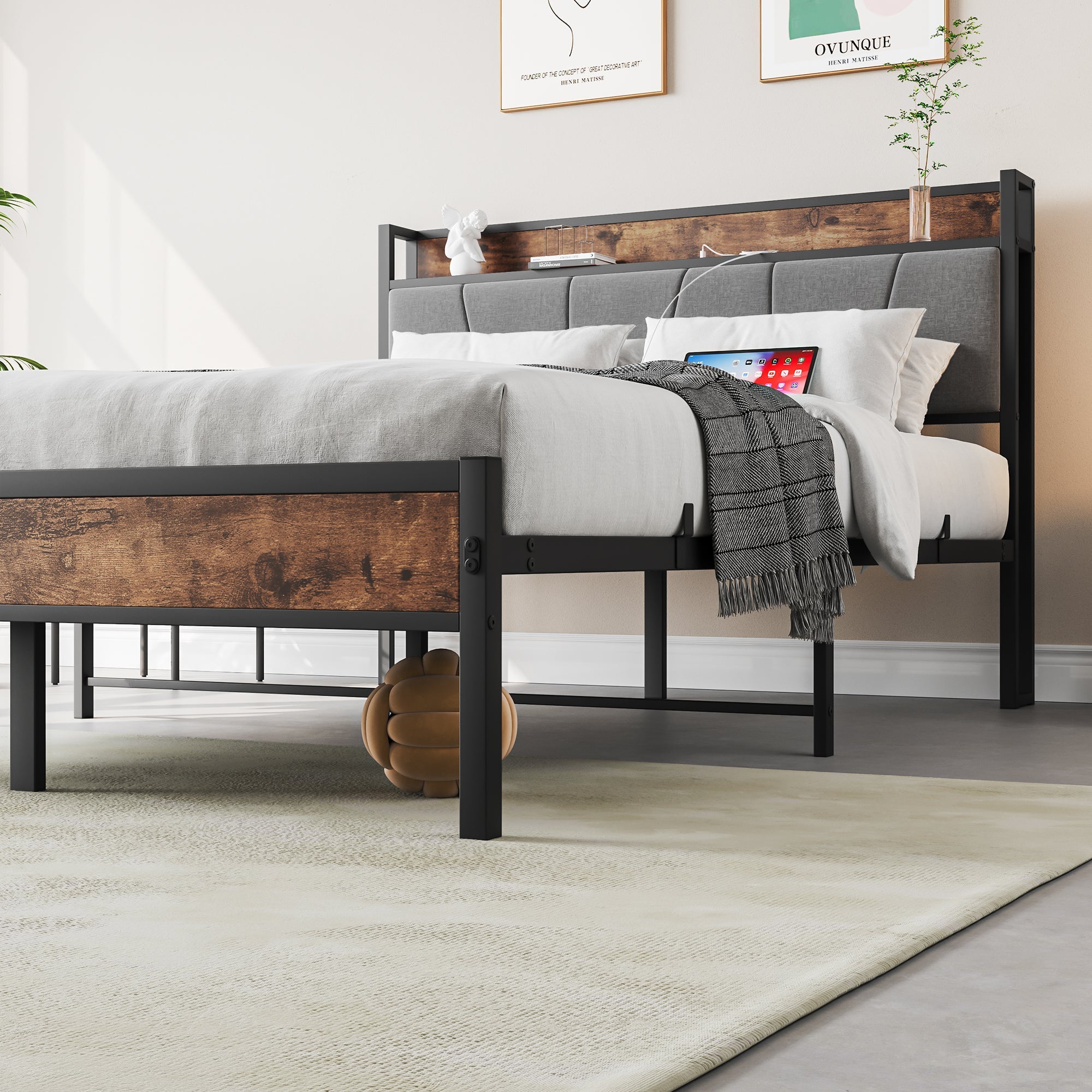 Bed Frame 120x200cm, Smart LED/USB Headboard, Heavy-Duty Metal Slatted Platform