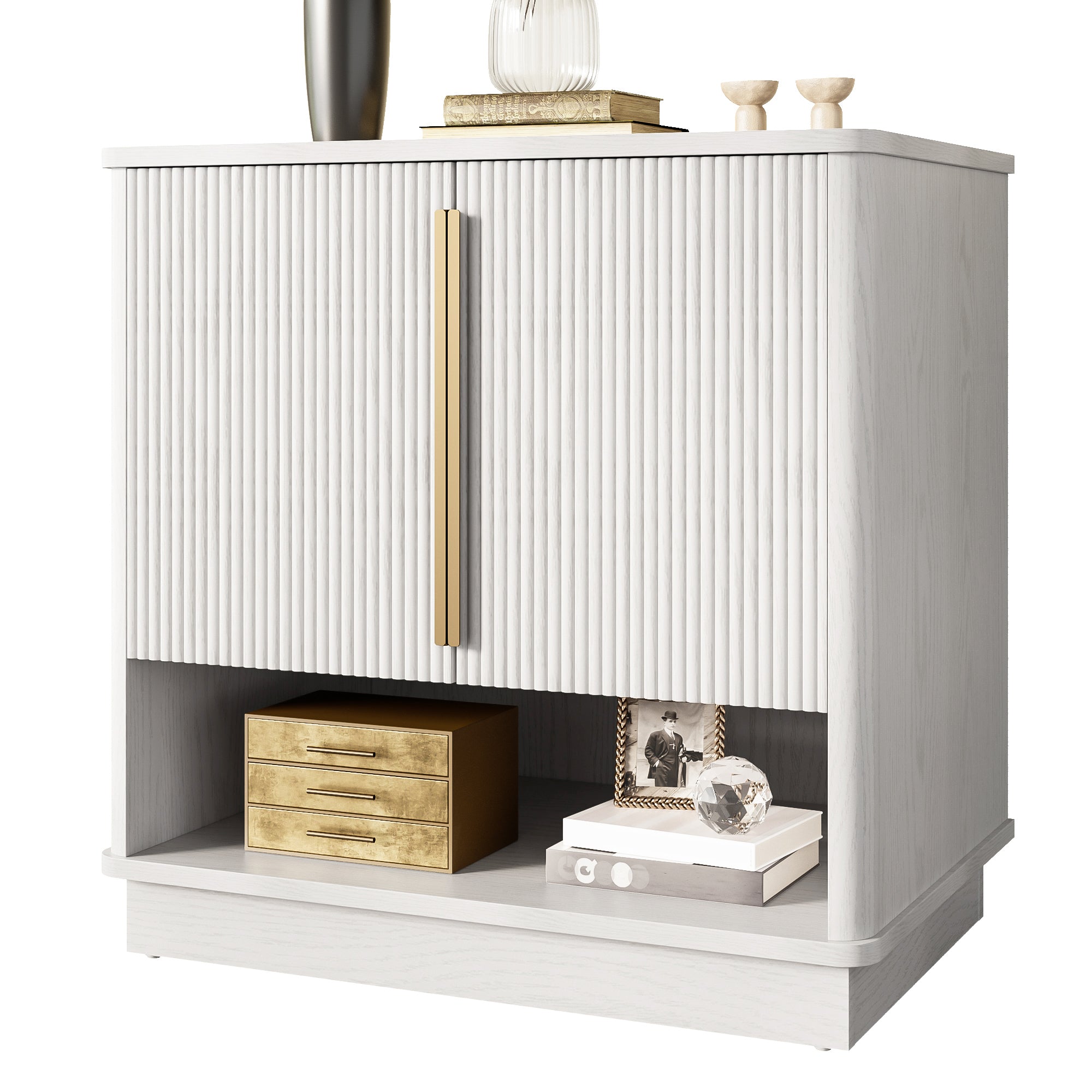Shoe Cabinet 2 Doors Open Compartment Gold Handles 60x40x61cm - White