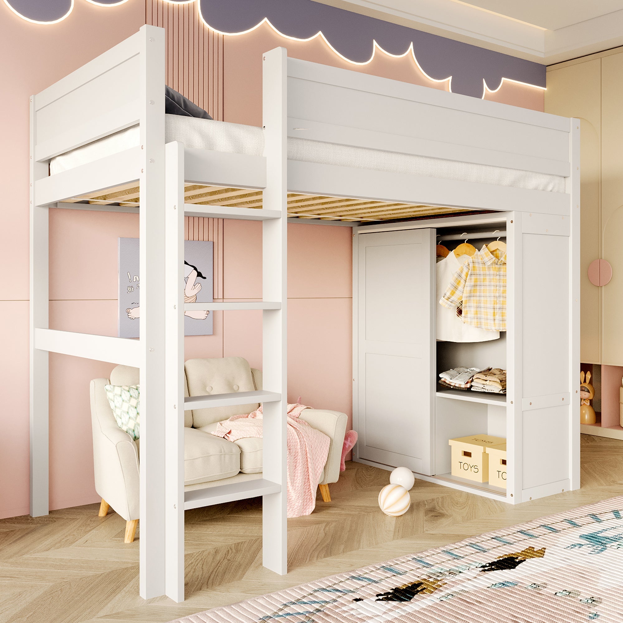 Loft Bed 90*200cm with Wardrobe, Storage, Open Space, Pine Wood, White