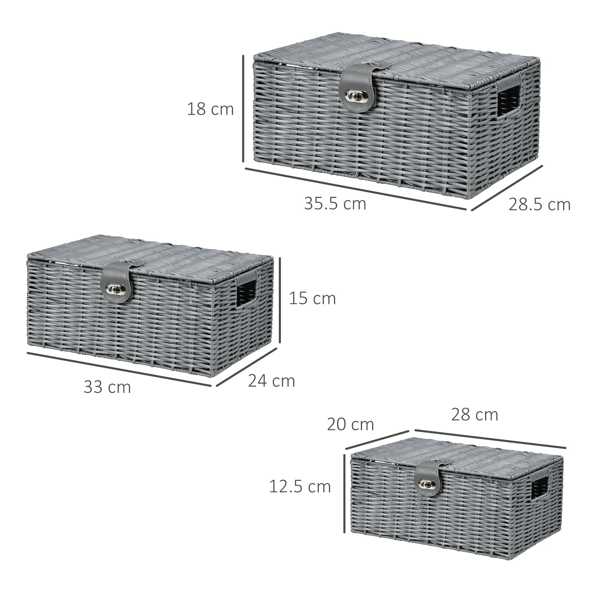 Storage Boxes Set of 3 with Lids & Buckles 18L 12L 7L, Grey