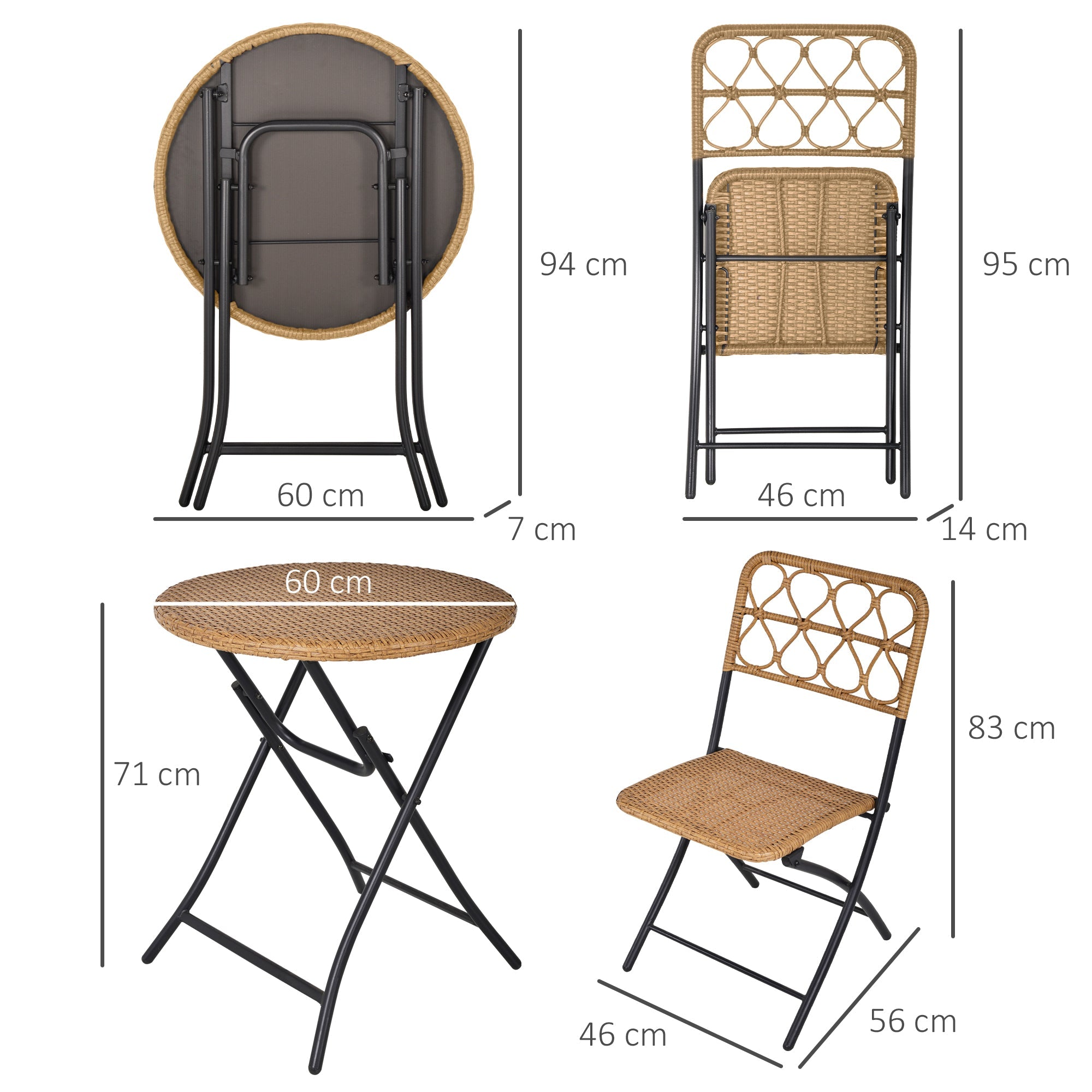 3 pcs Bistro Set, Foldable Rattan Wicker Coffee Table & Chairs, Natural