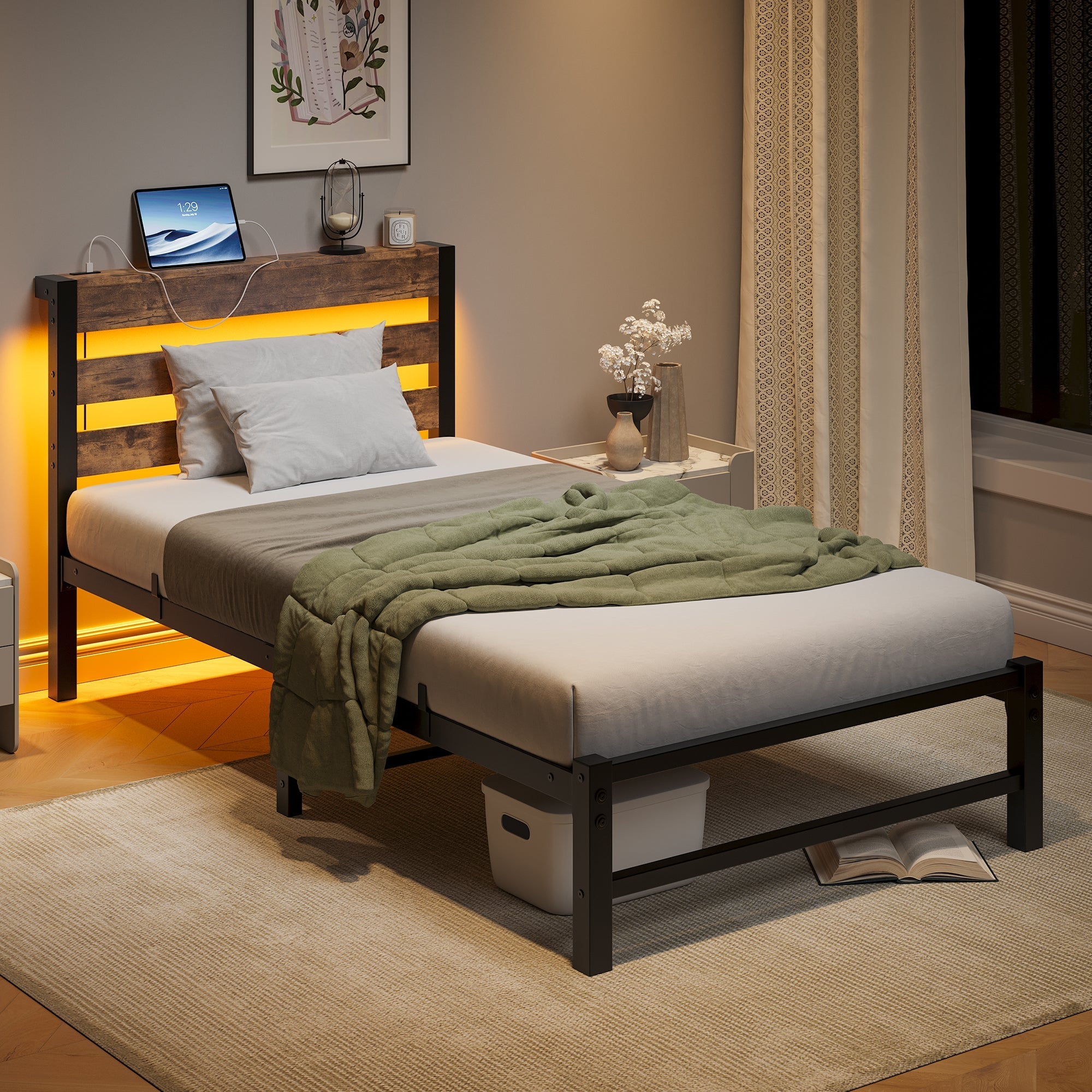 90x200 Bed Frame LED USB Charging Storage - Metal