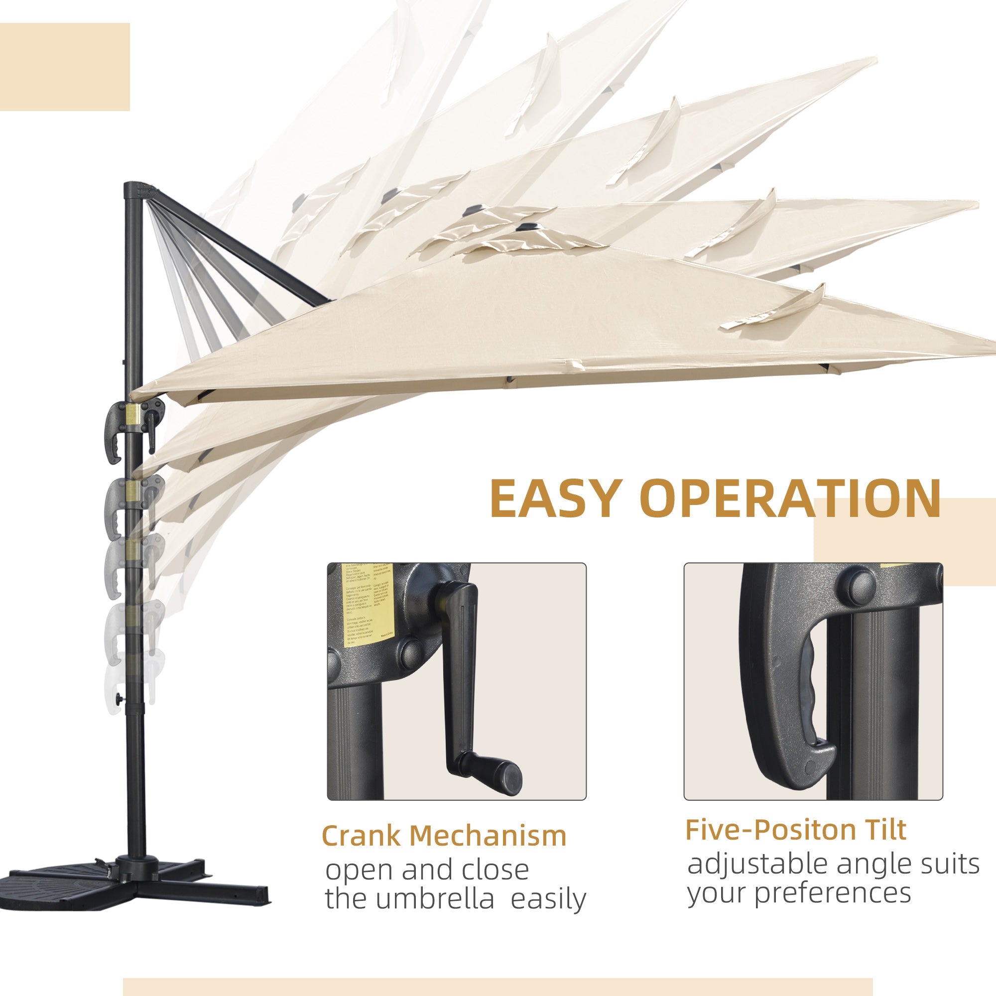 Cantilever Parasol Square Overhanging Umbrella with Crank, Tilt, 360° Rotation, Aluminium Frame, Cream White