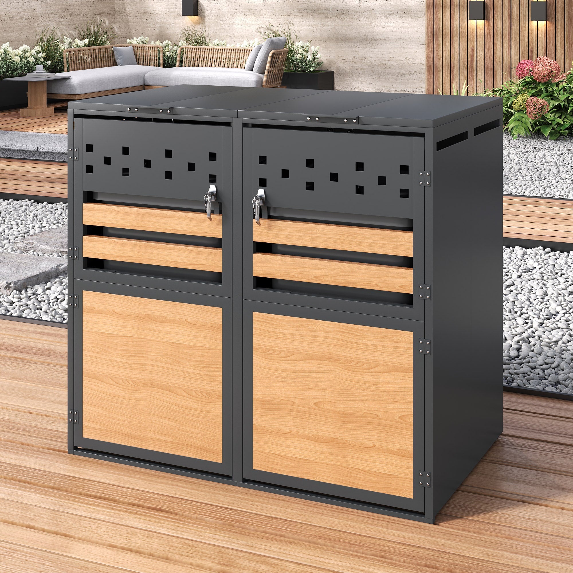 Bin Storage Box with Hinged Lid, Lockable Two Doors and Diamond Cutouts, Wood Grain Panels