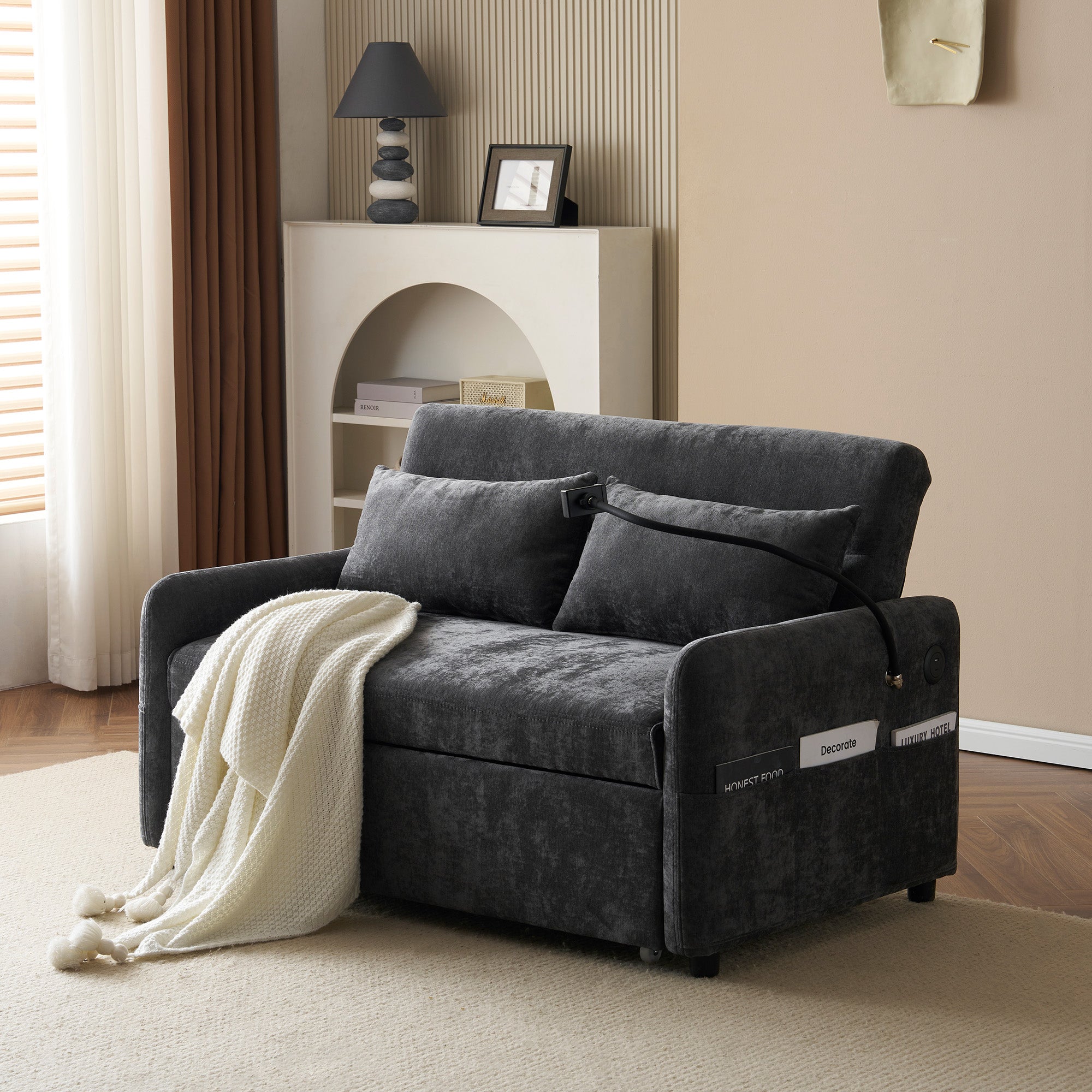 Sofa Bed, Modern Double Folding with Adjustable Backrest, Mobile Holder & USB Port