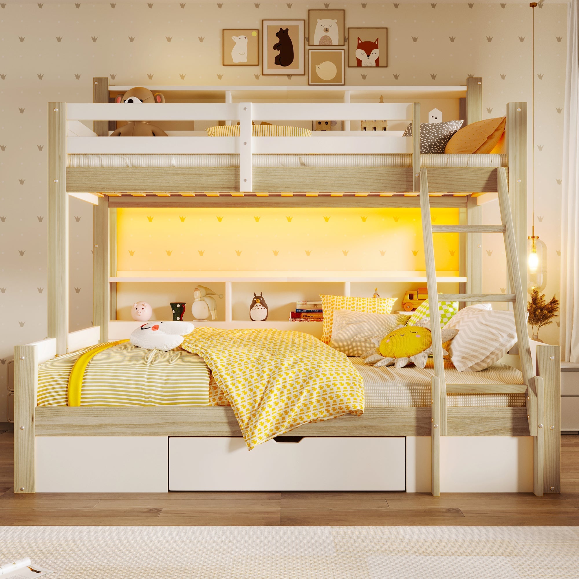 Bunk Bed with Storage Compartments, 1 Drawer and LED Light, 90x200cm + 140x200cm, White and Natural