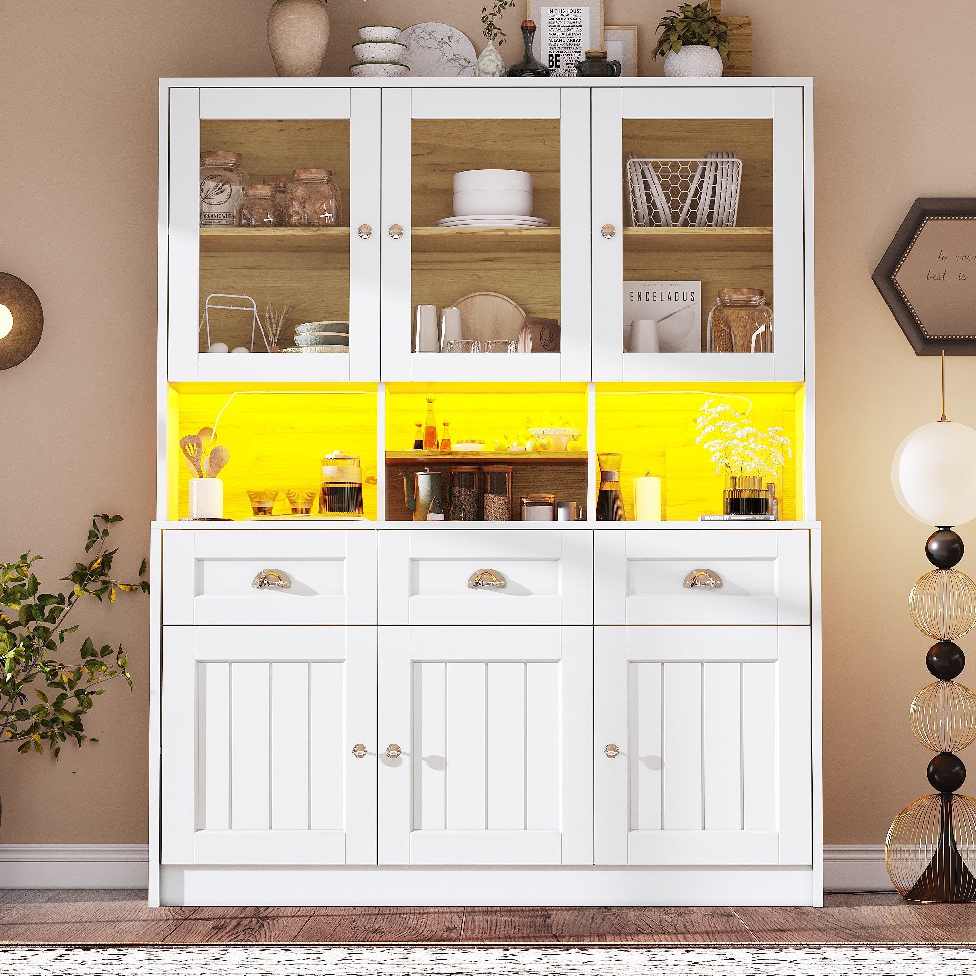 Tall Kitchen Cabinet 140x40x175cm Adjustable Shelves LED Lighting White/Black