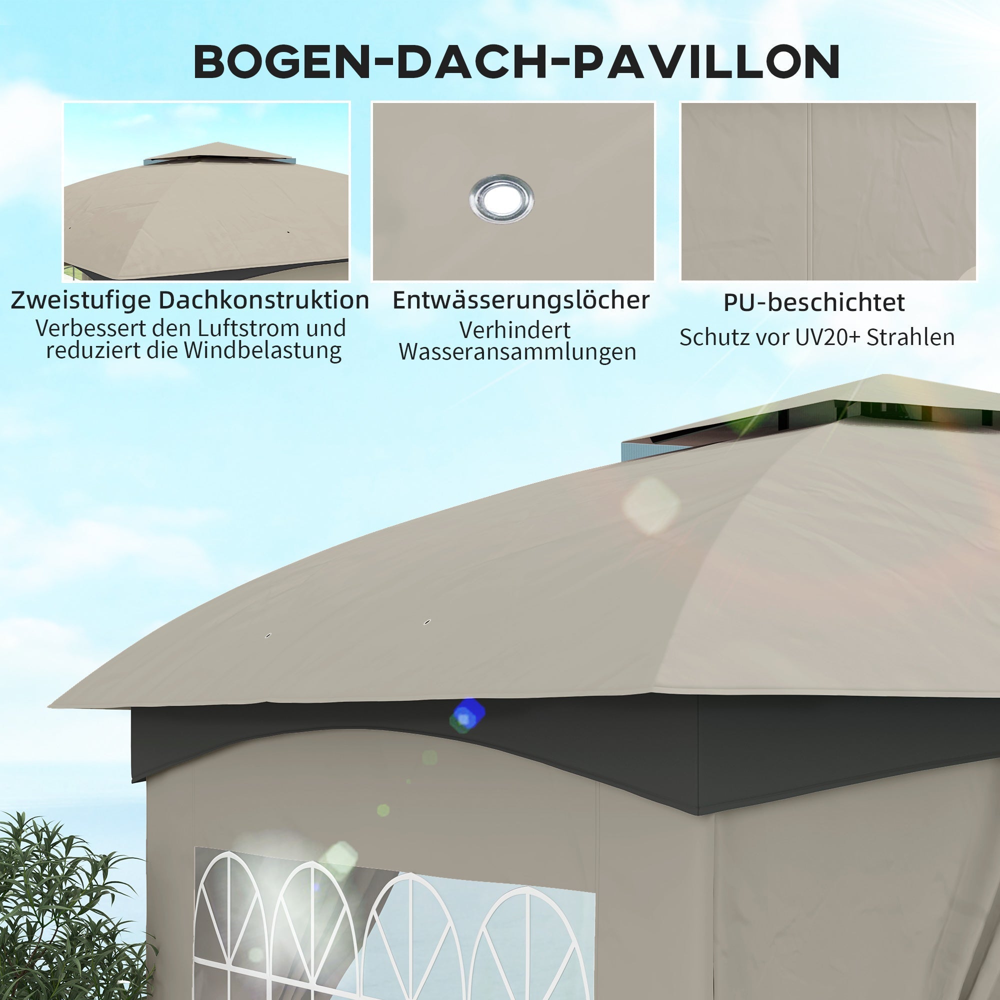 Pavilion 3.4x3.4m Double Roof, 4 Side Panels, Water-Repellent, UV Protection Galvanized Metal Frame, Light Grey