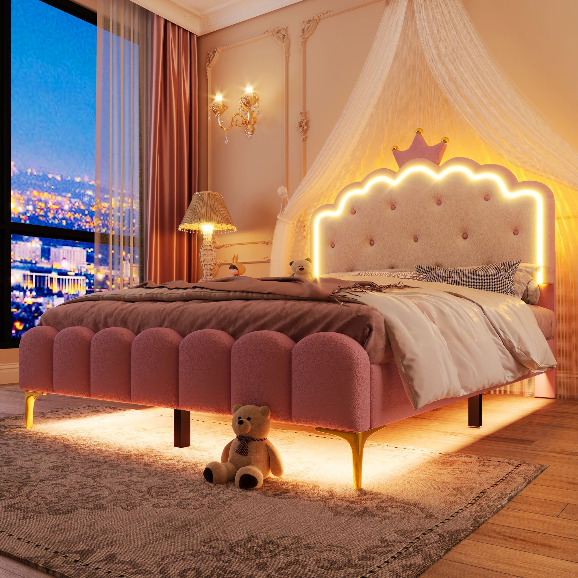 Upholstered Bed 140x200cm Princess Shape Ambient Light PU Pink
