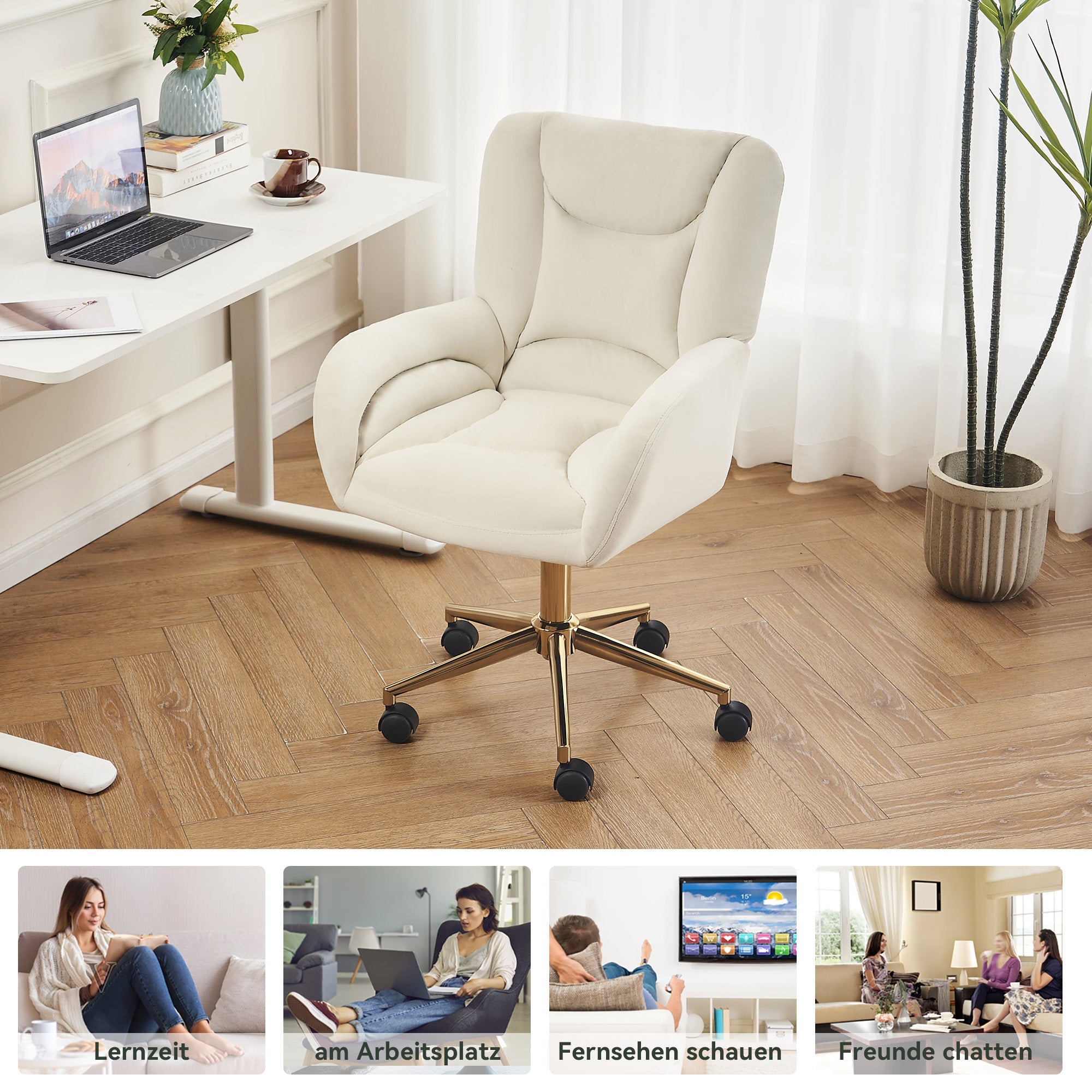 005 Swivel Chair, Full KD, Height Adjustable, Home Office, Velvet Fabric, Ivory