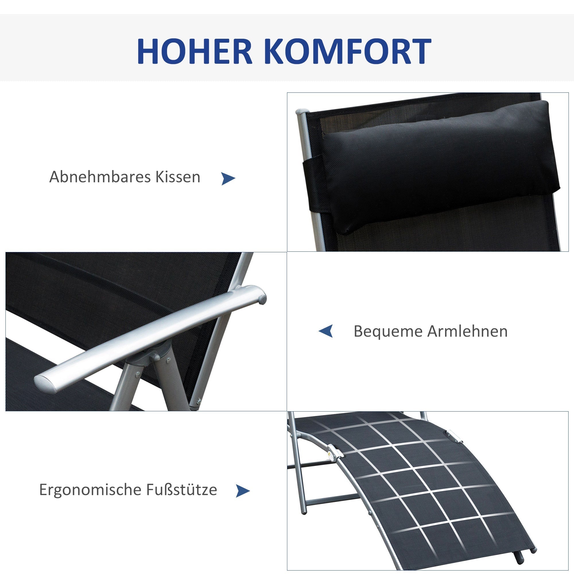 Folding Sun Lounger, Cushion, Beach & Terrace, Metal & Fabric Black