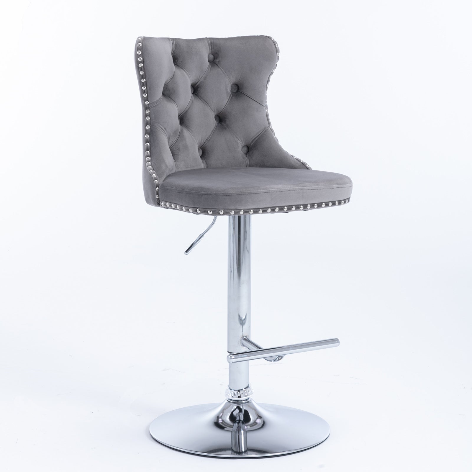 Swivel Barstools Adjustable Height Tufted Back Chrome Base Set of 2 - Velvet Gray