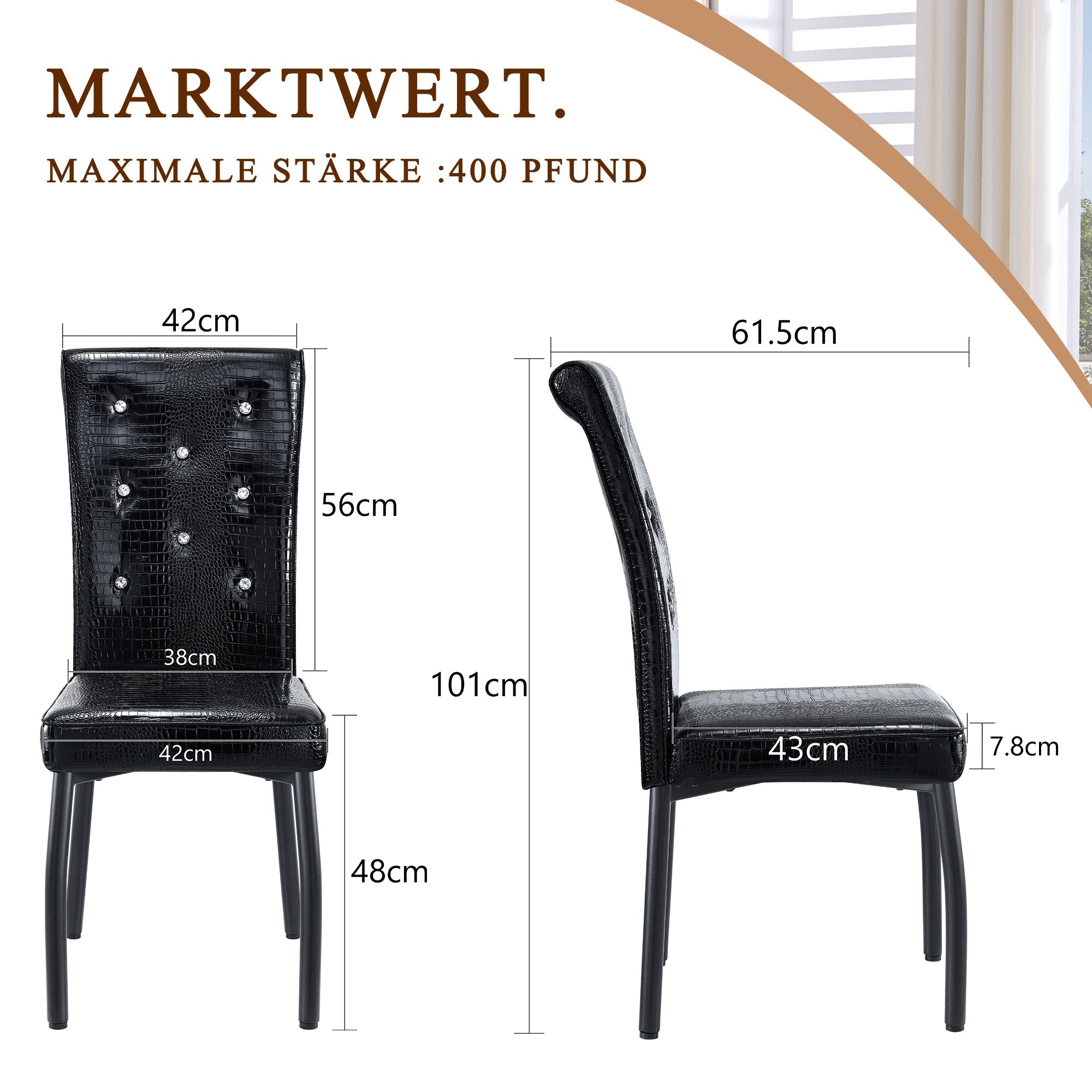 2 Dining Chairs Vintage Crocodile Faux Leather Crystal Clasp - Black