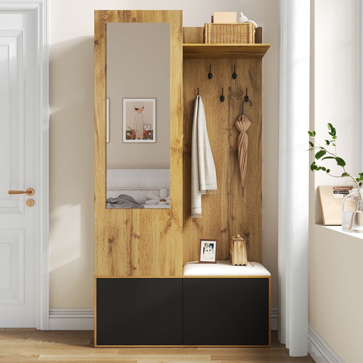 Wardrobe Set with 5 Hooks, Mirror, Shoe Cabinet, Hidden Hanging Area, Hall Bench