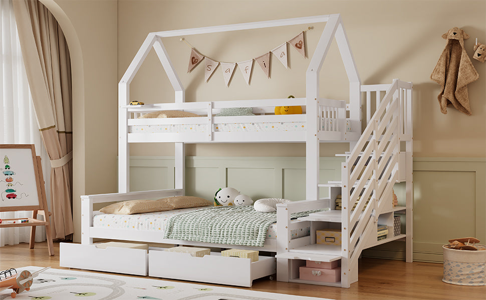 Bunk Bed Children's, Two Drawers Roof Design Safety Railing Stair Cupboard, 90x200cm & 140x200cm, Pine + MDF + Plywood White