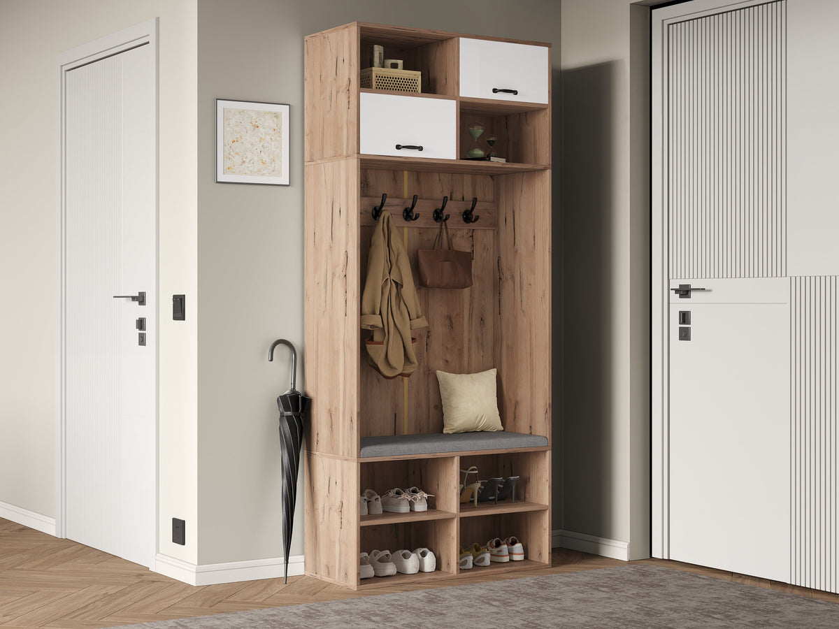 Wardrobe Set Hallway Bench 5 Hooks 2 Doors 6 Storage 80x185x35cm, Natural Wood/White