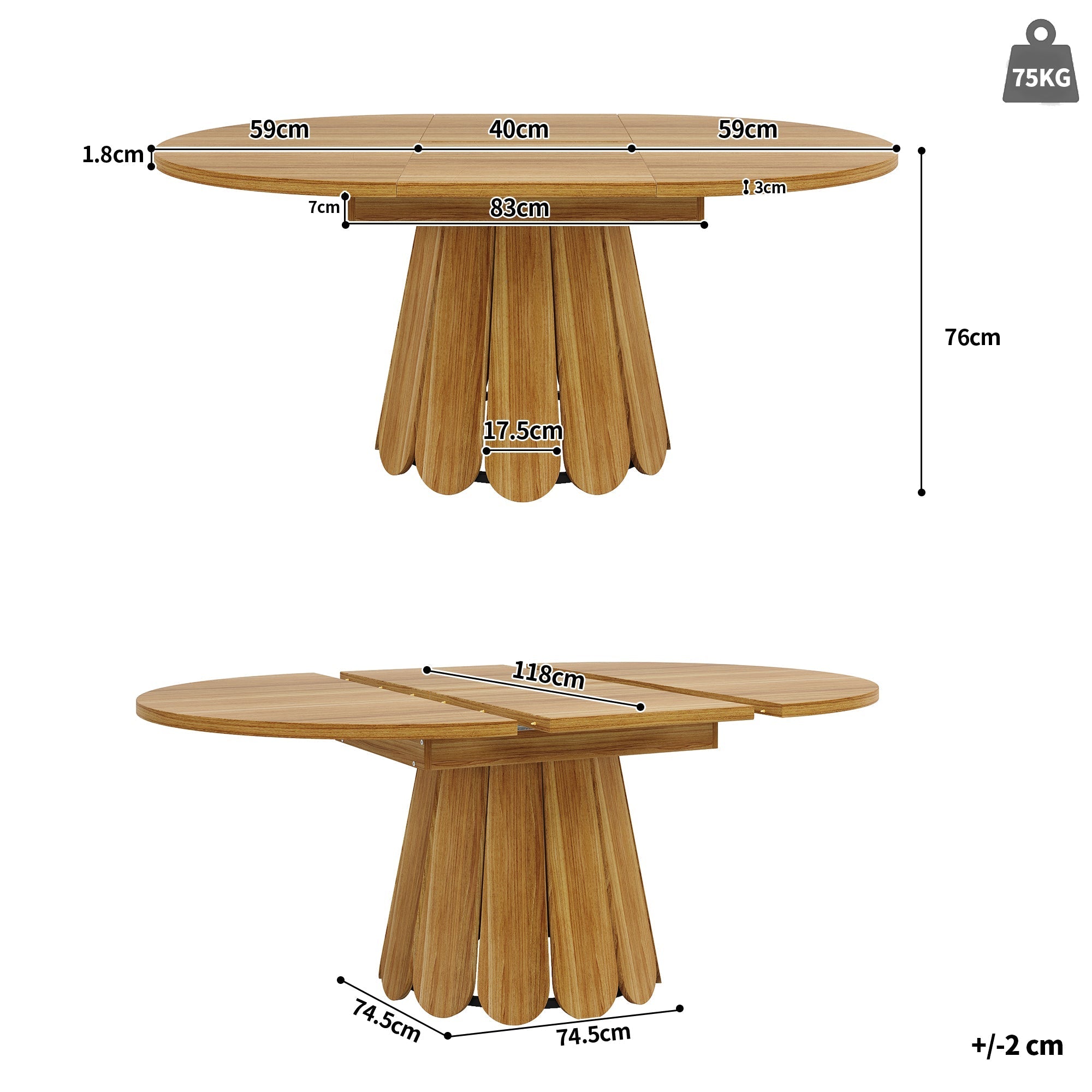 Extendable Round Dining Table, 118–158 cm, Seats 6, Wooden