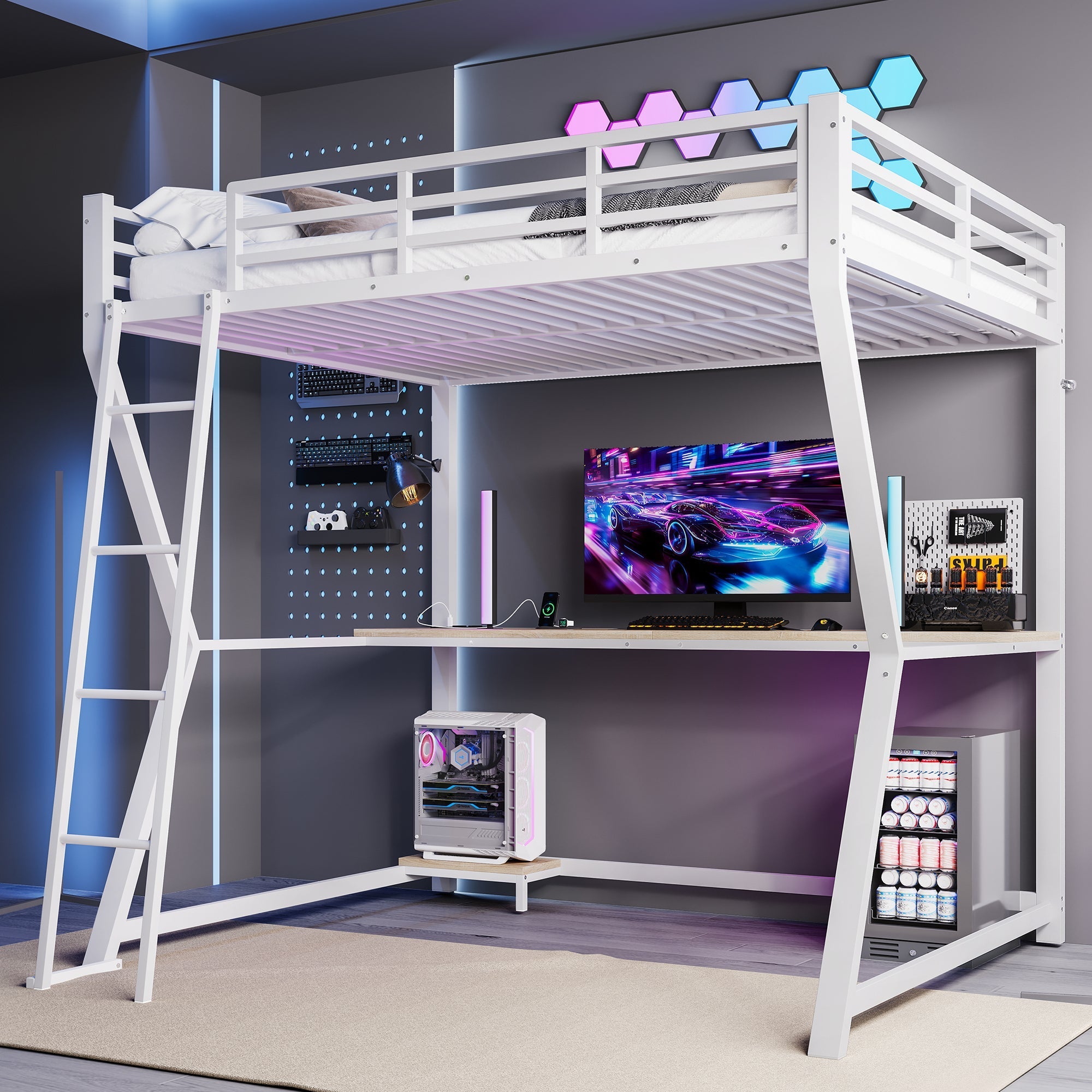 Loft Bed 140x200cm with LED Lights Desk USB/Power Outlet Stairs Storage Shelf White