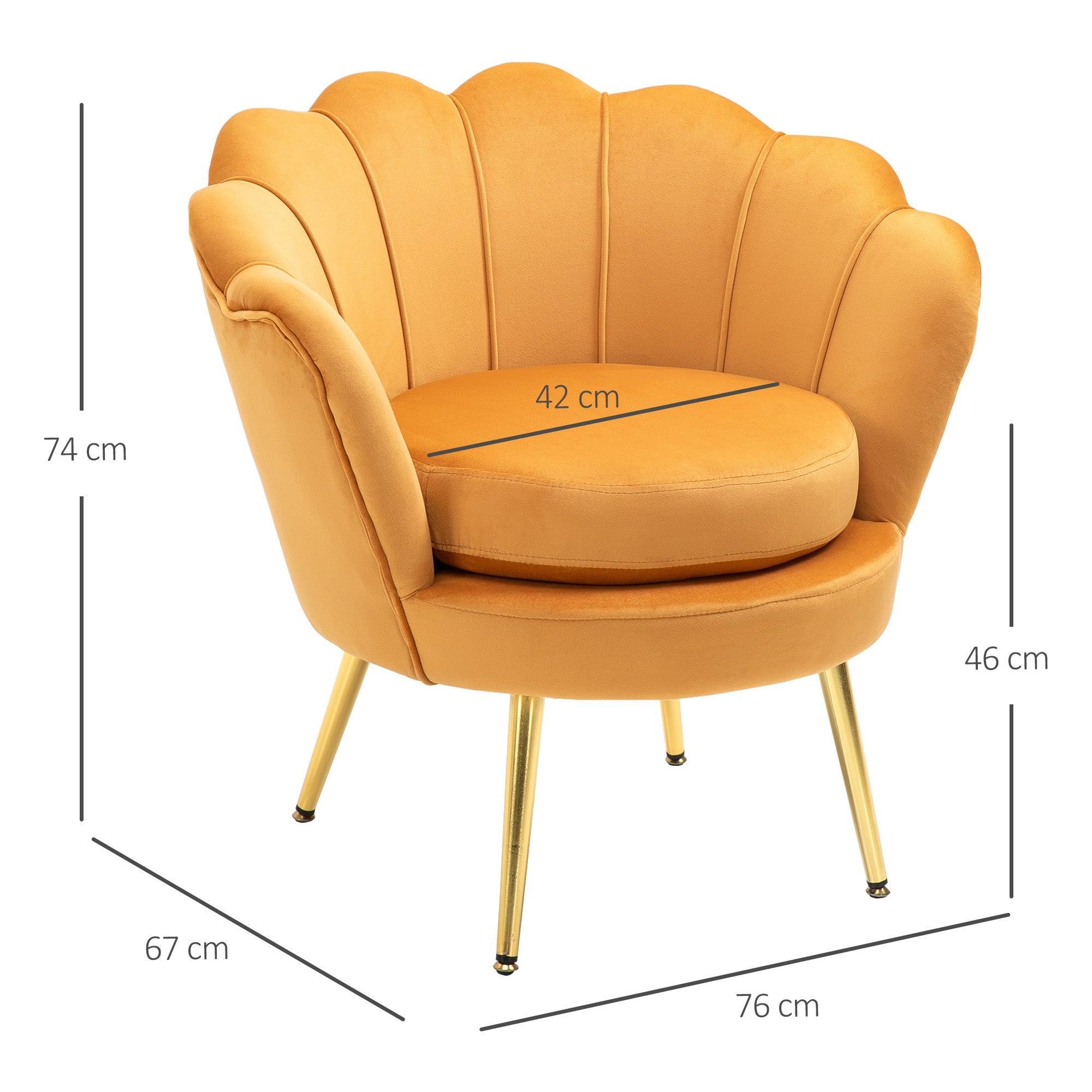 Armchair Upholstered, Shell Shape Relaxing, Metal Legs, Velvet, Yellow