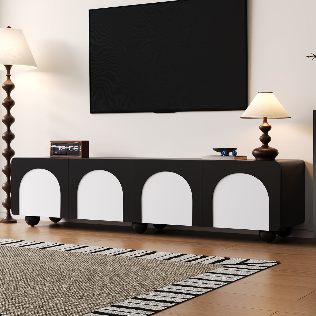 TV Cabinet Low 180cm 2 Drawers 2 Doors Black and White