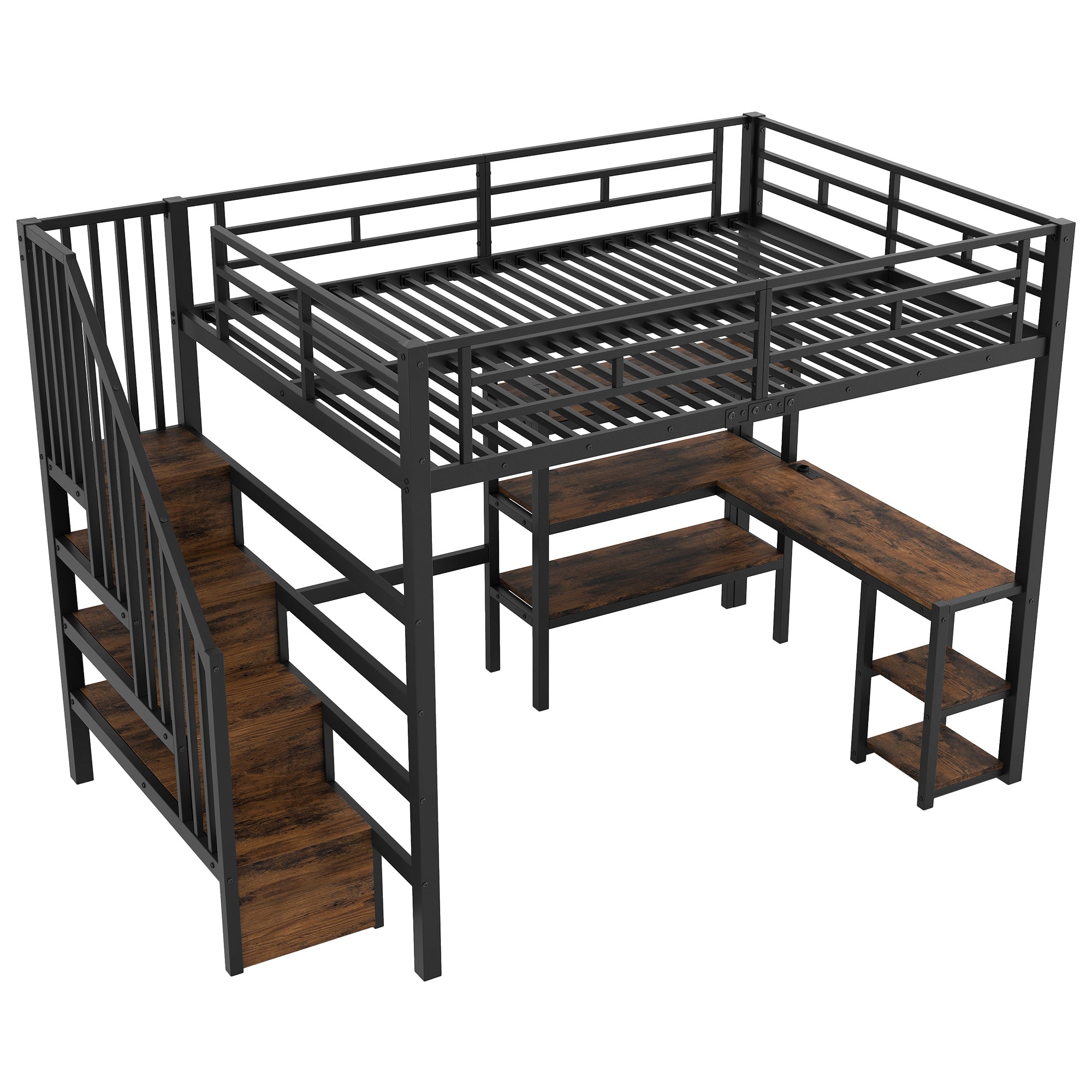 Metal Loft Bed with Desk, Stairs, Storage and LED, 140x200cm, Black