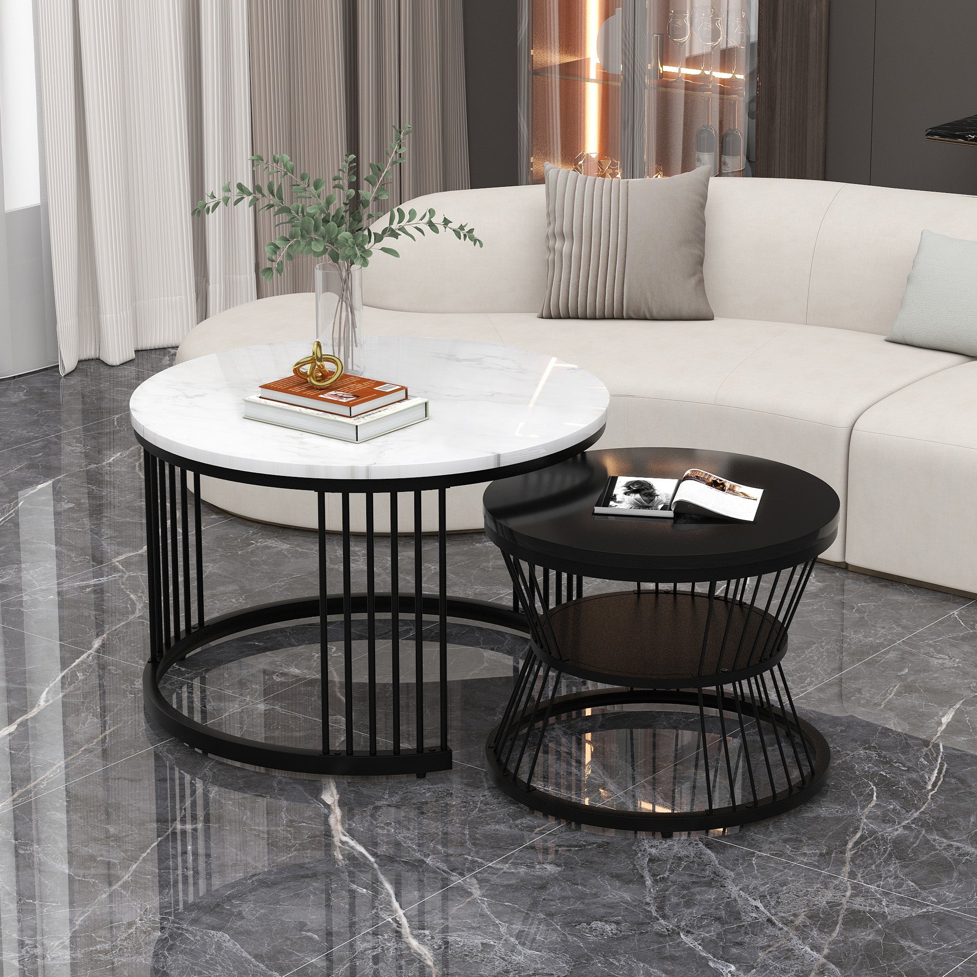 Modern Nesting Coffee Table, High Gloss Marbled, Set of 2, Black Frame