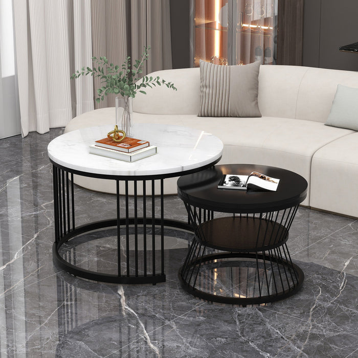 Modern Nesting Coffee Table, High Gloss Marbled, Set of 2, Black Frame