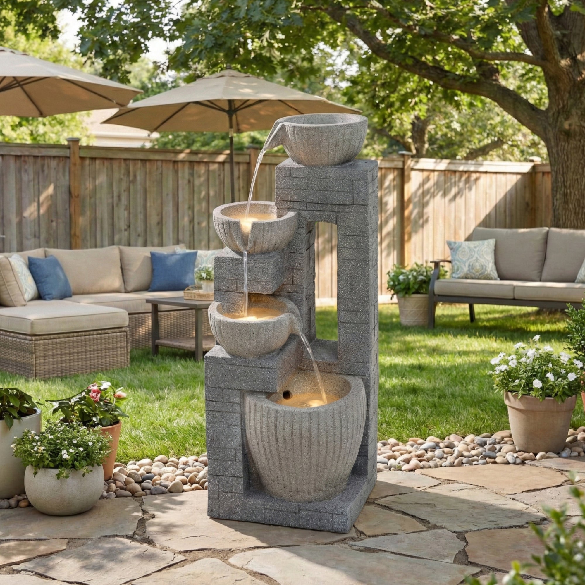 80 cm Layered Stone Basin with LED Fountain for Garden and Terrace, Stone Grey