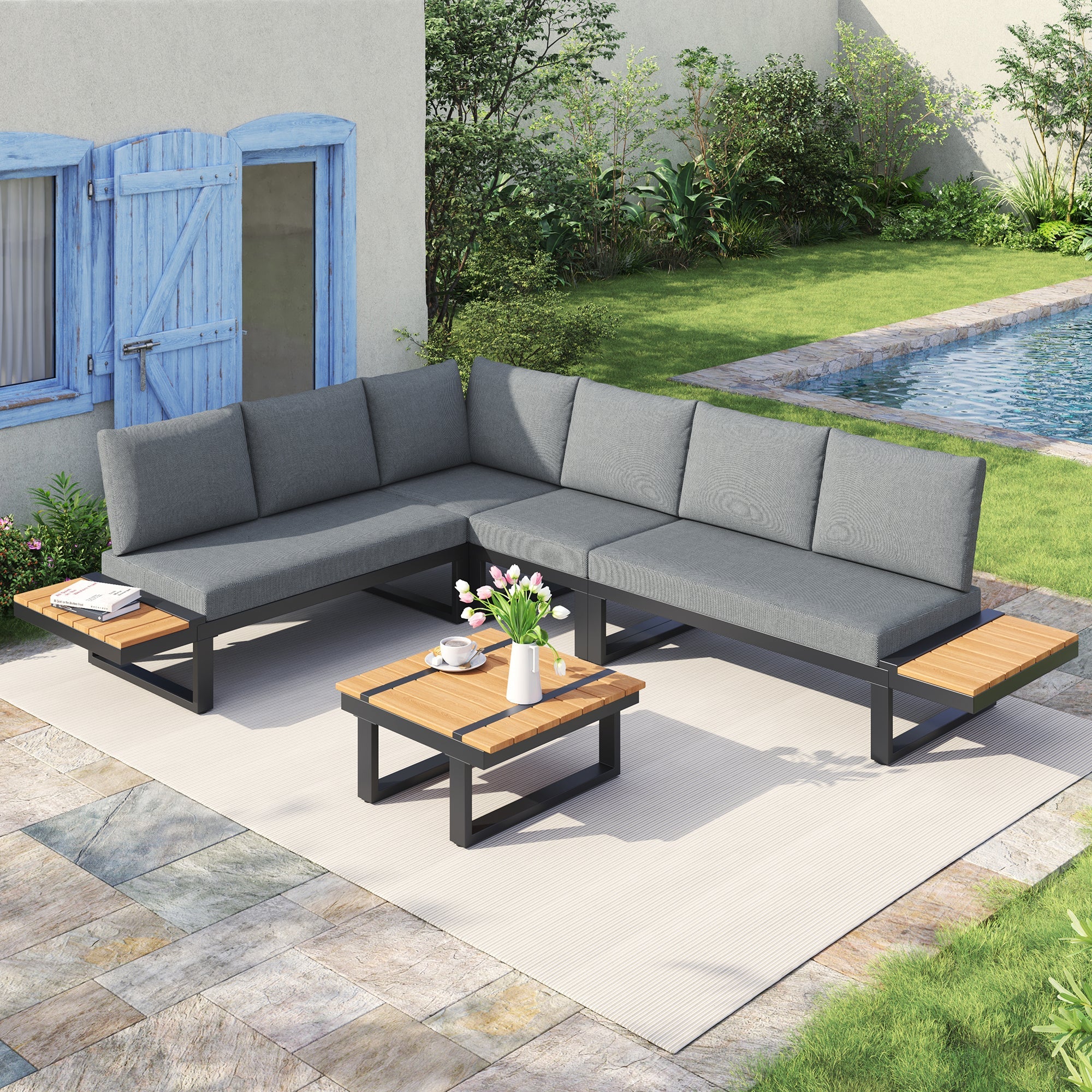 Garden Furniture Set with 2 Reclining Beds and Coffee Table, Grey
