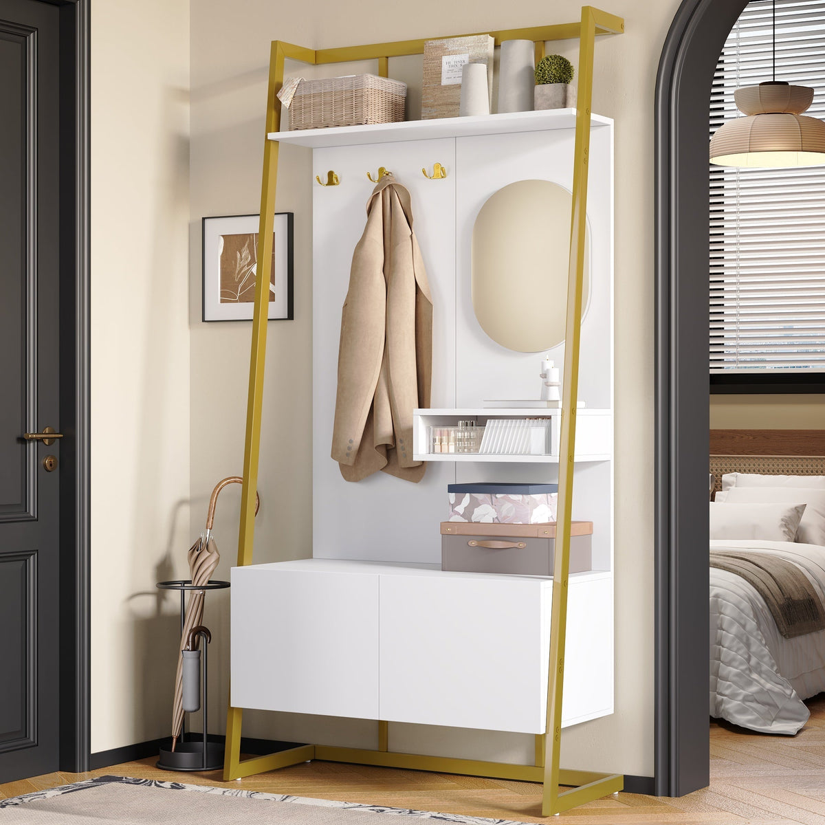 Wardrobe, Compact Multifunctional Storage with Mirror, Hooks & Shoe Bench