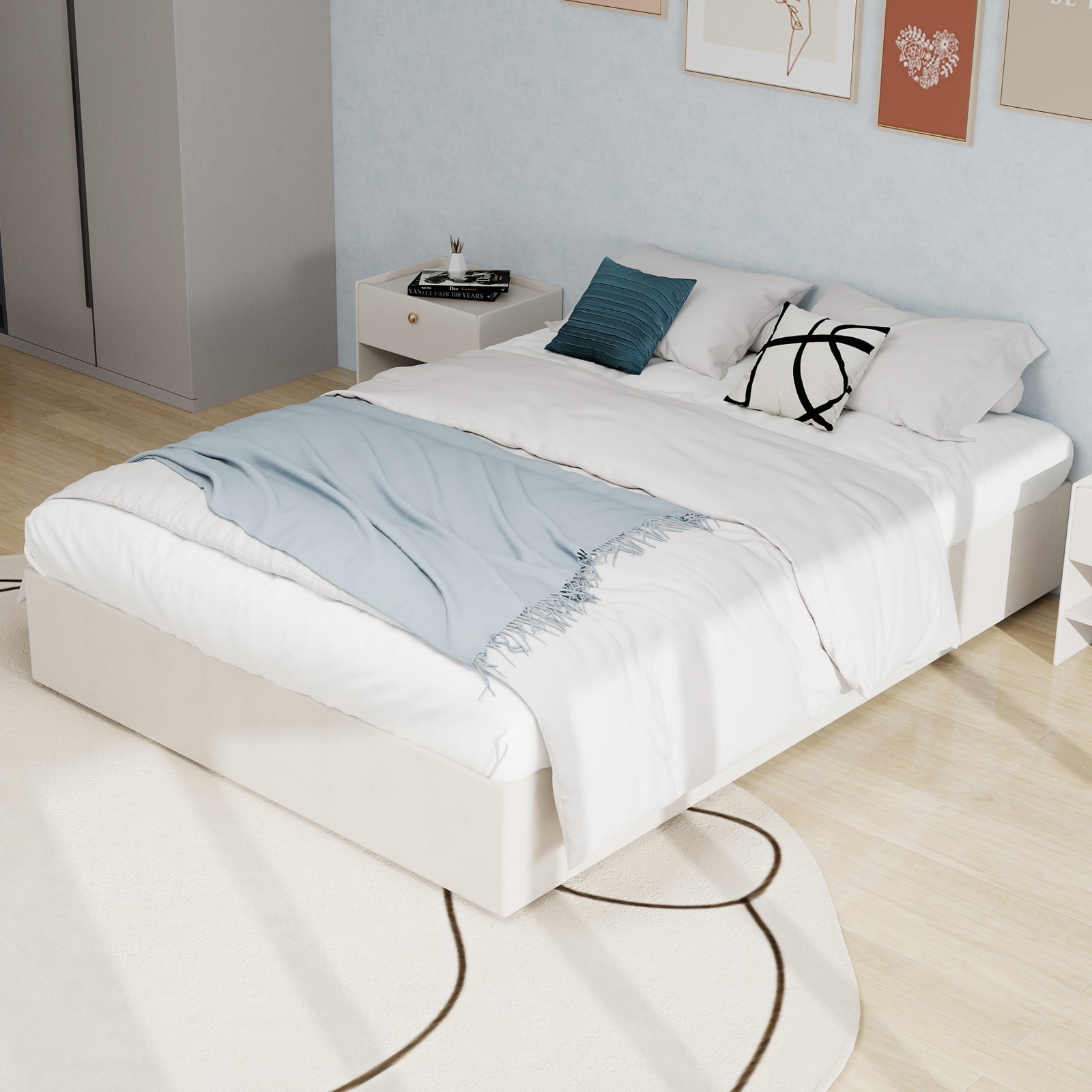 Bed Frame Modern Minimalist 160x200cm Gas Lift Storage - Beige Dutch Velvet