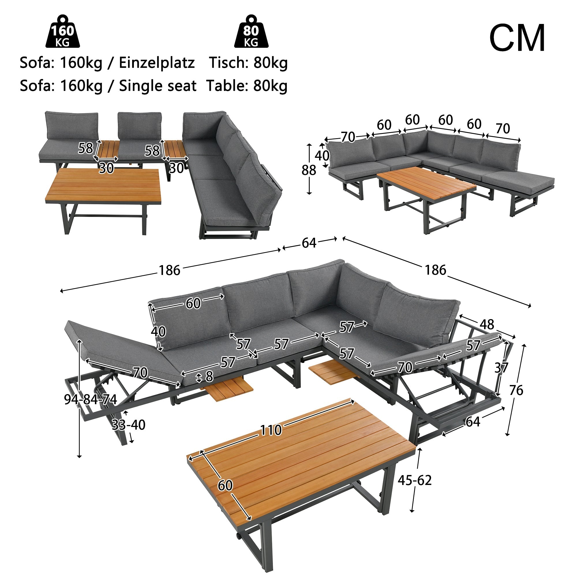 Outdoor Garden Furniture Set with Adjustable Table and Backrests, Galvanised Iron & Acacia Wood, Grey